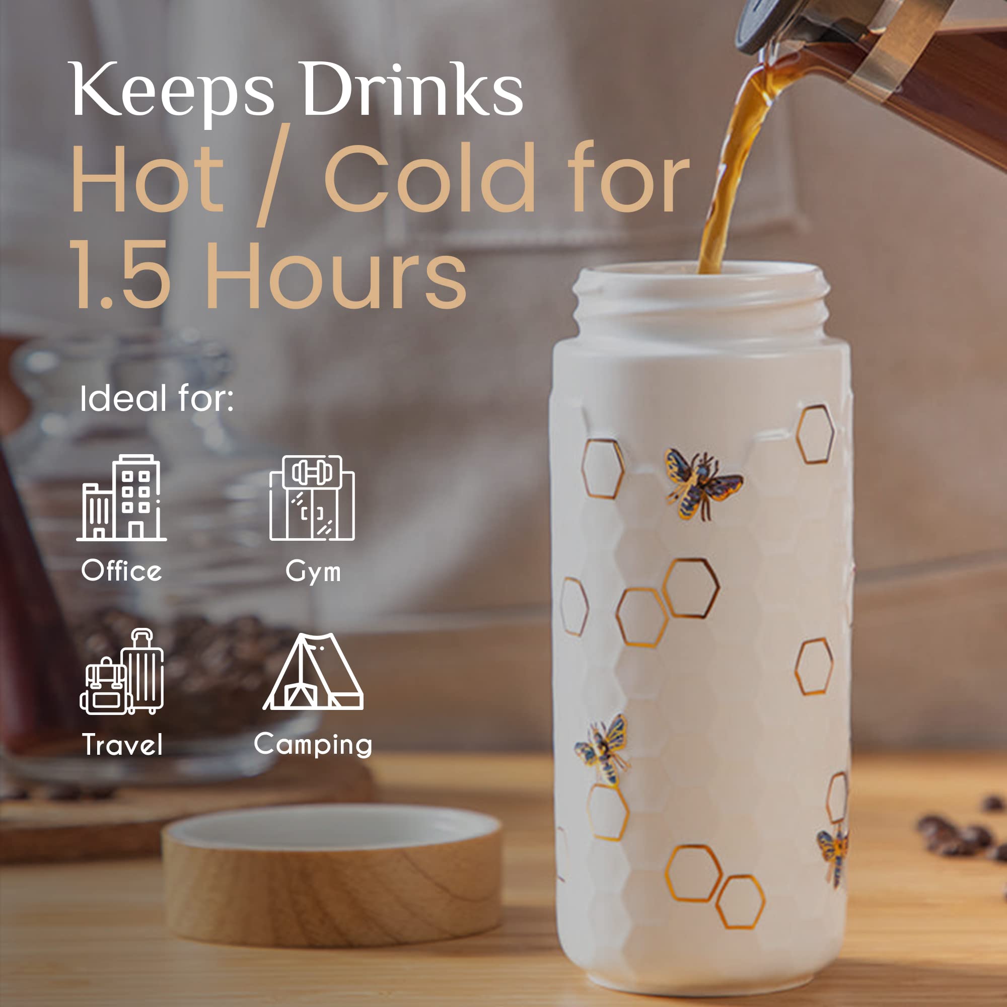 Acera Liven Honey Bee Travel Mug - 12.3oz Double Wall Ceramic Insulated Tumbler with Leak-Proof Lid, Thermal Coffee Tea Juice Cup for Office, Commuting & Outdoor Activities