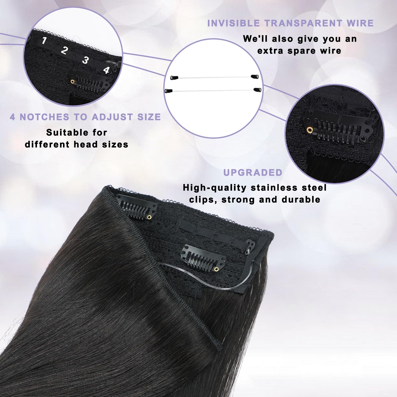 Real Human Hair Extensions with Invisible Wire – Adjustable Size, Transparent Wire & Secure Clips – 20Inch Straight Hairpiece for Women (90g, Natural Black) – Perfect for Weddings, Parties & Daily Styling