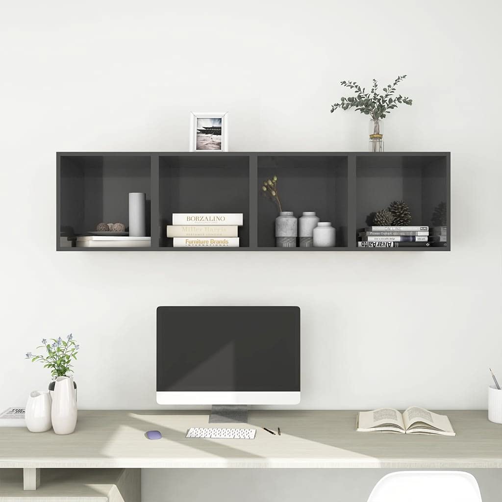 Queen.Y Floating Shelves Set of 4 - Wall Mounted Cube Shelves with Cabinet, Modern Wall Hanging Storage Shelves for Living Room, Bedroom, Bathroom - High Gloss Gray Home Decor Furniture - Perfect for Books, Plants & Decorative Display