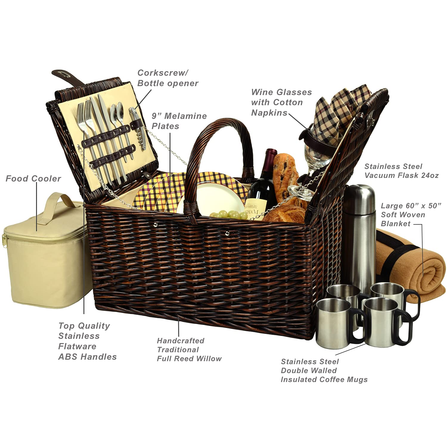 Premium Willow Picnic Basket Set for 4 - Includes Blanket & Coffee Service - Handcrafted in USA | Perfect for Outdoor Dining, Beach Picnics & Romantic Getaways