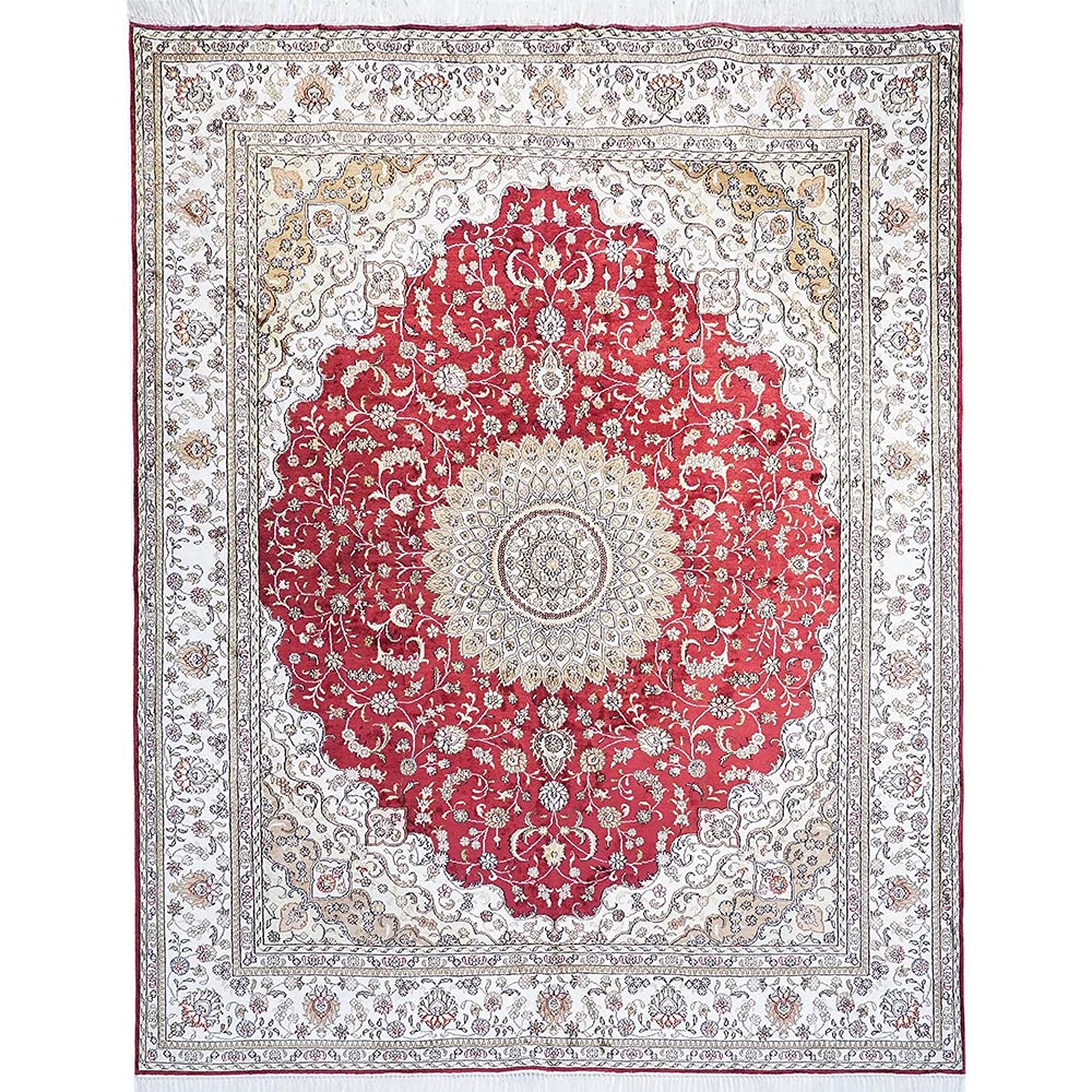 Handwoven 8x10ft Large Silk Oriental Persian Area Rug with Medallion Design & Fringes - Red 3 | Luxurious Living Room Carpet, Elegant Home Decor for Bedroom, Office & Dining Area