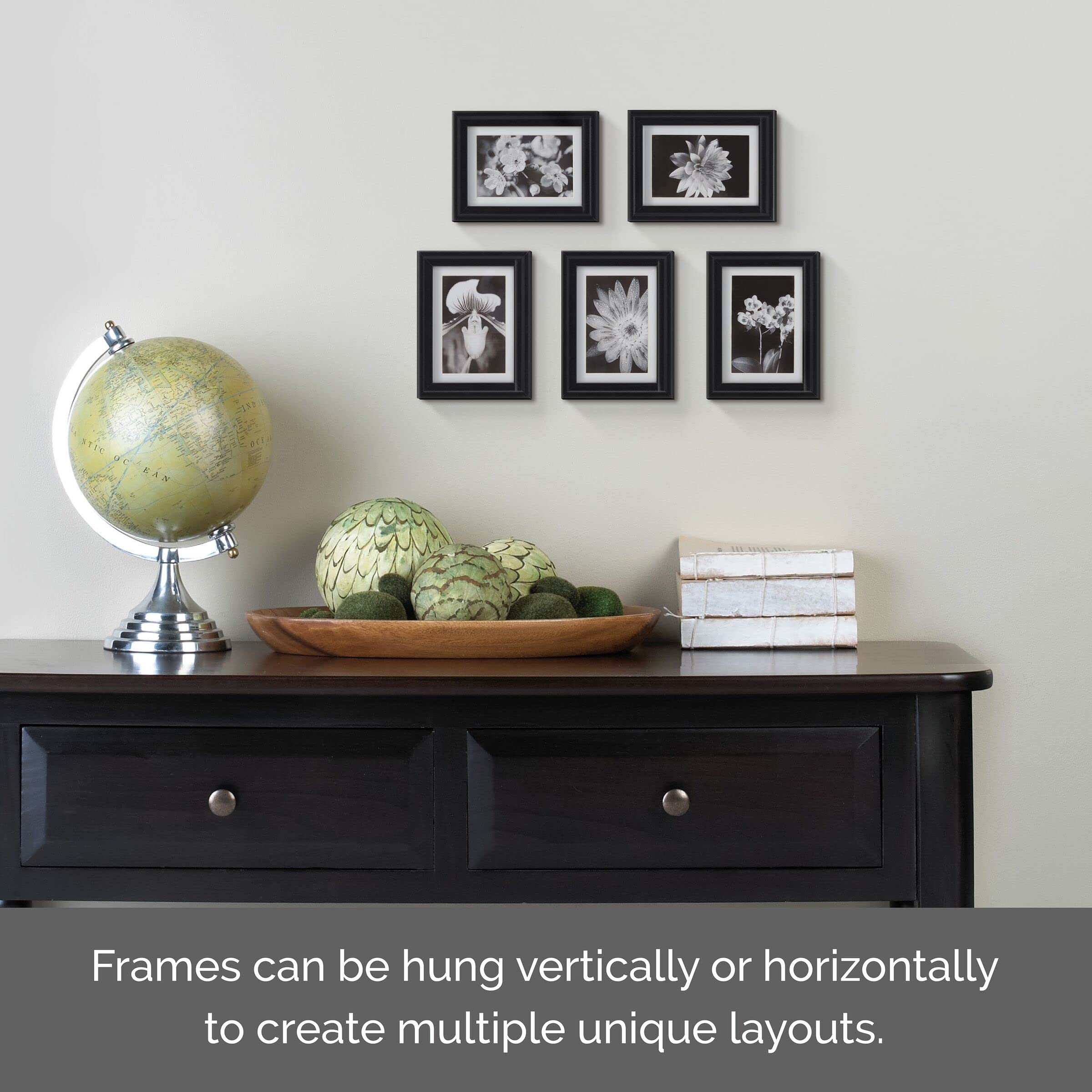 Melannco Set of 5 Black Wood Picture Frames 6.69x8.46 Inch - Display 5x7 Photos Without Mat or 4x6 Photos With Mat - Perfect for Wall Gallery, Home Decor, Office & Gift Giving