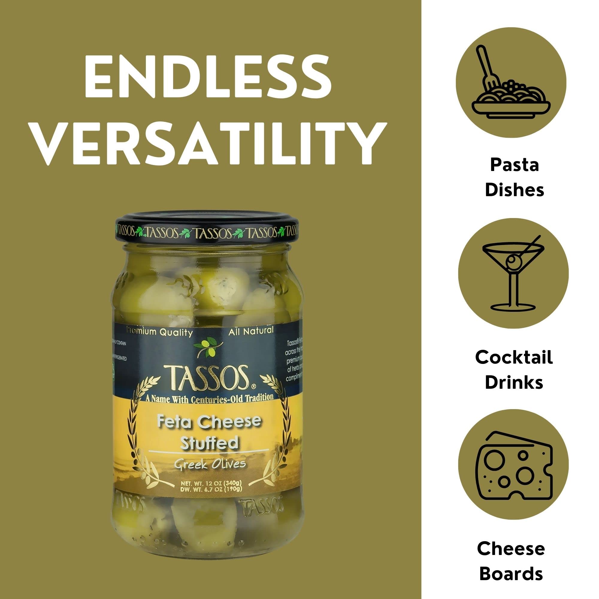 Tassos Stuffed Green Olives with Feta Cheese - 12oz Jar | Premium Mediterranean Snack for Charcuterie Boards, Salads & Cocktail Parties