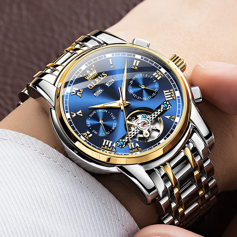 OLEVS Automatic Self-Winding Mechanical Watch for Men - Waterproof Stainless Steel Strap with Classic Tourbillon Design | Perfect for Business, Formal & Casual Wear