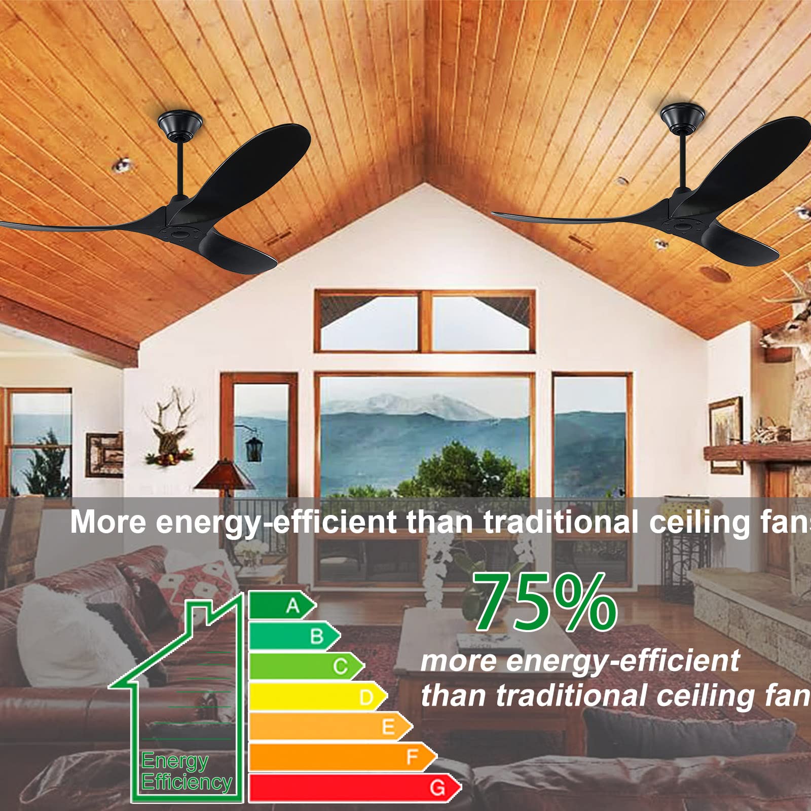 70 Inch Rustic Outdoor Ceiling Fan - Waterproof Black 3-Blade Damp Rated - High Airflow for Patio, Porch, Gazebo - Perfect for Outdoor Living Spaces & Backyard Relaxation