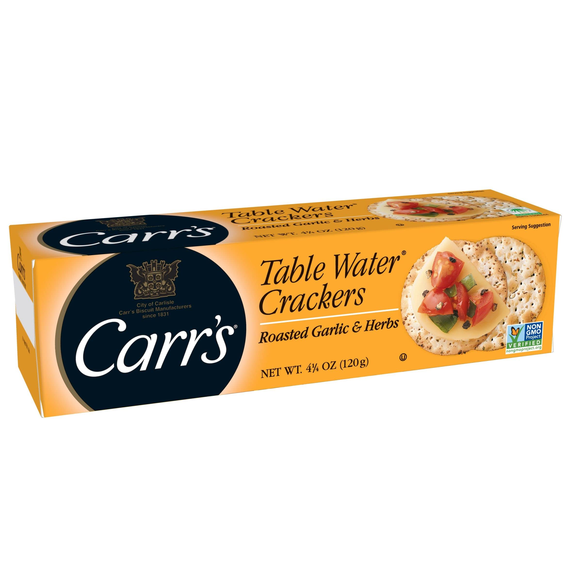 Carr's Table Water Crackers - Roasted Garlic & Herbs Flavor, Baked Snack Crackers, 4.5oz Box (Pack of 1) | Perfect for Parties, Cheese Platters & Gourmet Appetizers
