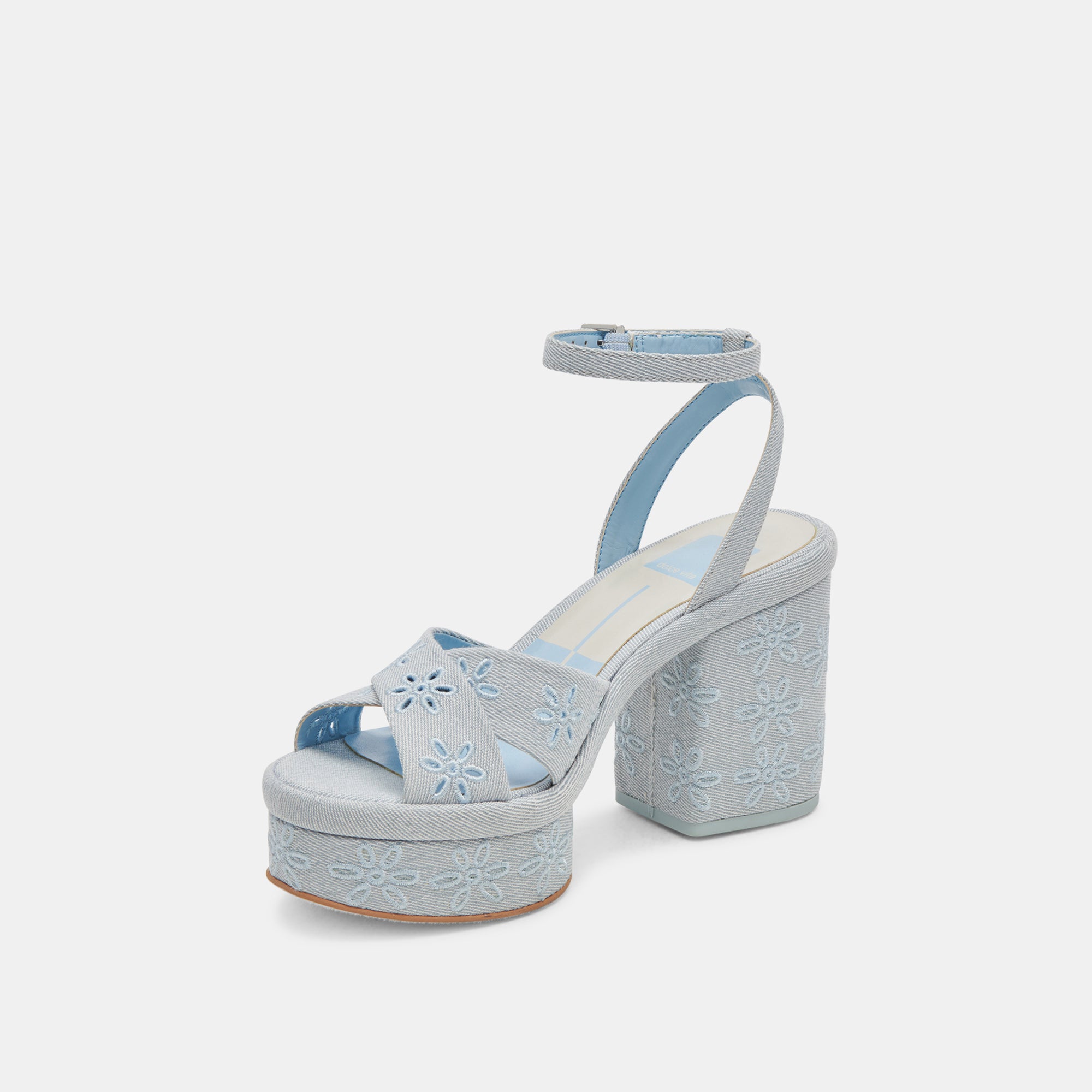 LAISHA Women's Light Blue Floral Eyelet Heels - Comfortable High Heel Sandals for Weddings, Parties & Summer Outfits
