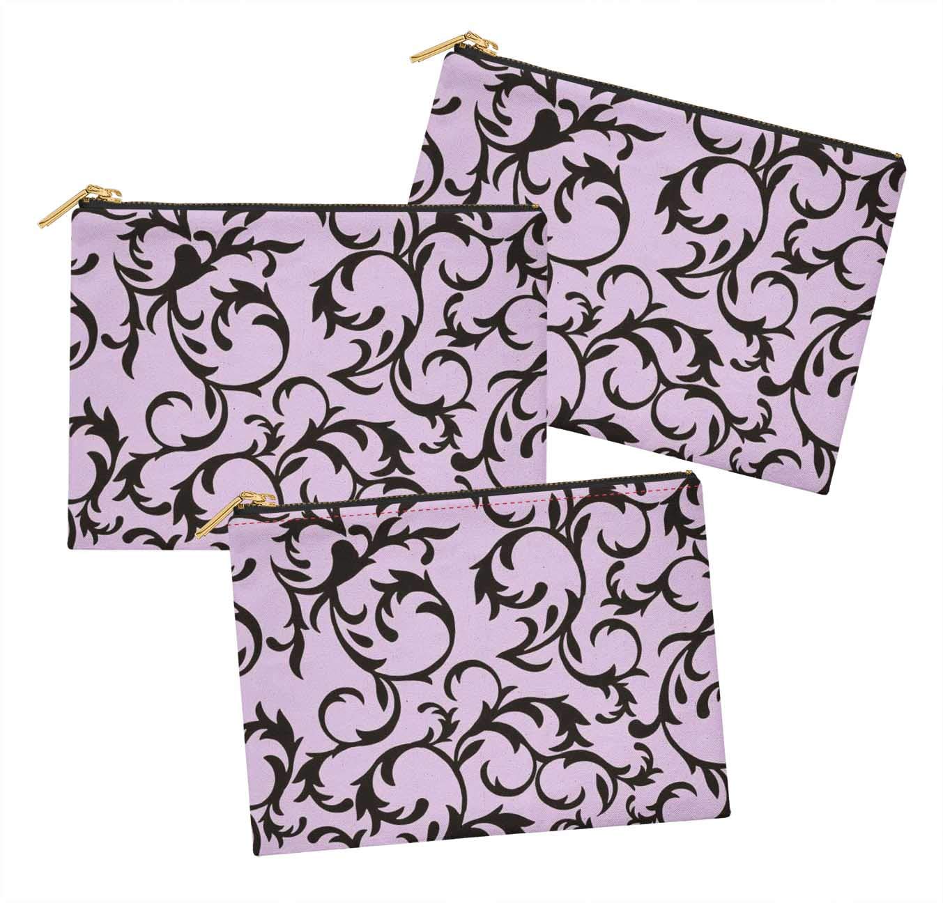 Stylish Purple Artistic Leaves Printed Cosmetic Bag & Coin Purse Set (Pack of 3) - 6 x 8 Inches - Perfect for Makeup, Toiletries & Travel Organization