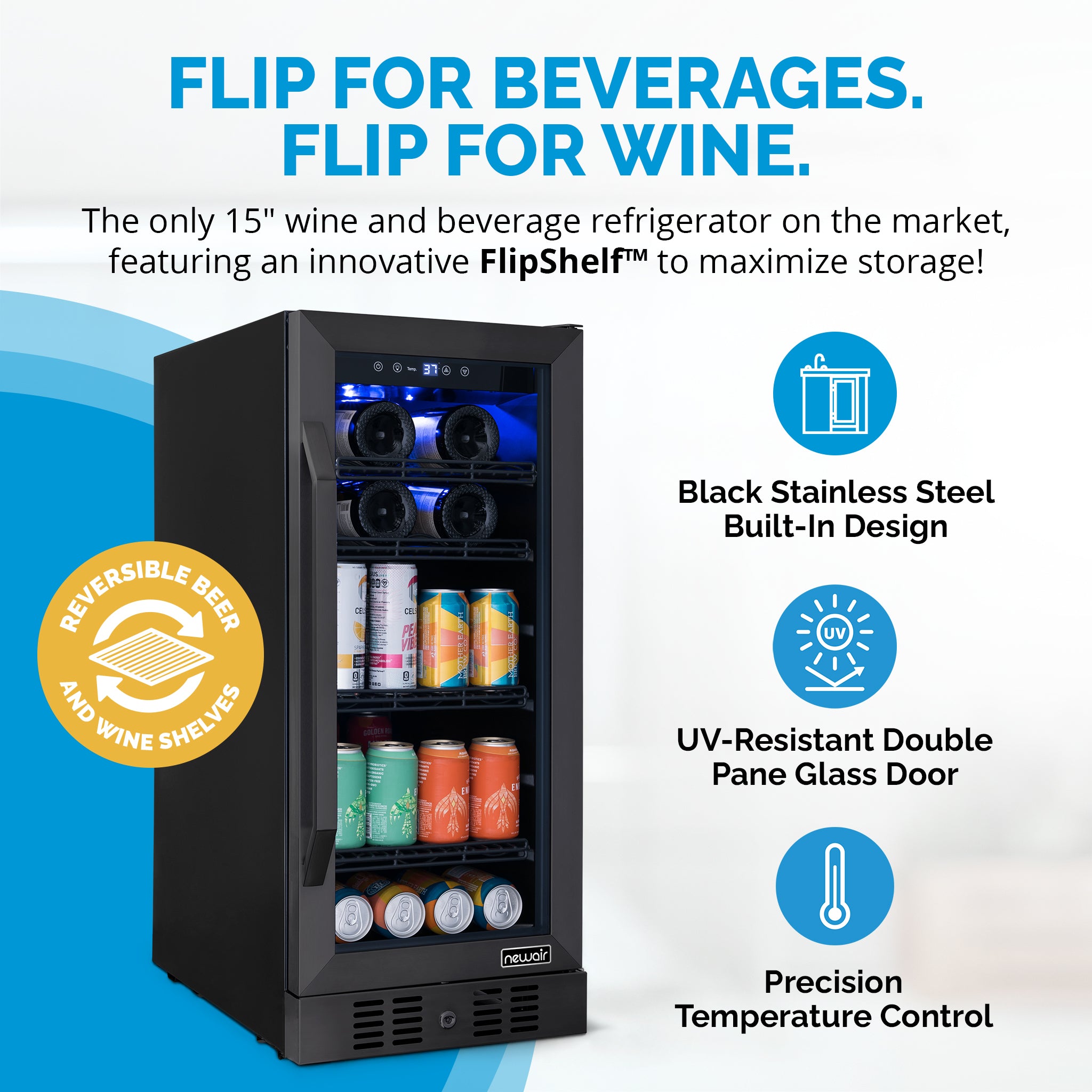 Newair® 80 Can 33 Bottle Built-In Black Beverage Refrigerator - Perfect for Home Bars, Office, and Party Drink Storage