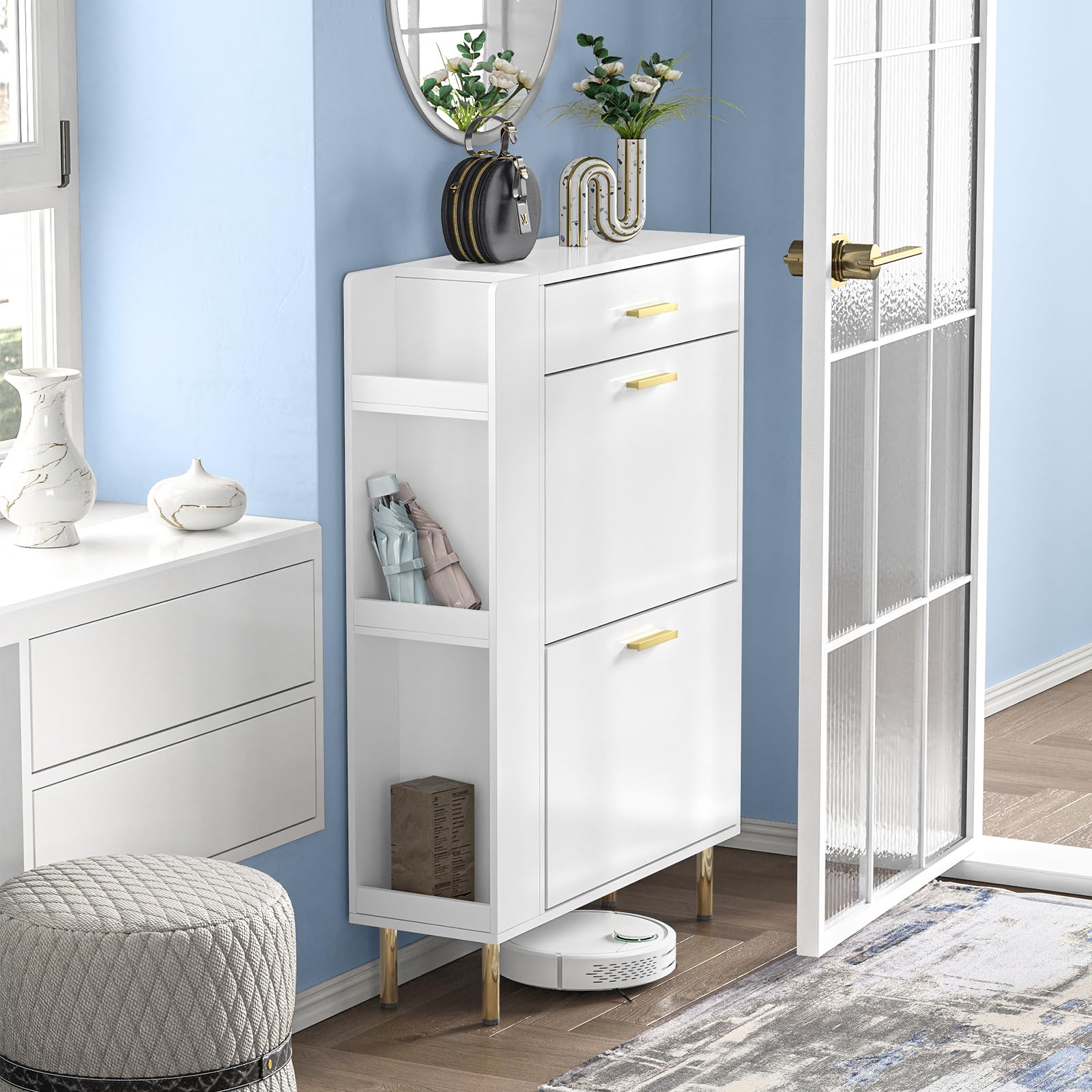 Anmytek White Shoe Storage Cabinet with 2 Flip Drawers - Modern Freestanding Shoe Rack Organizer for Entryway, Hallway & Closet - Space Saving Narrow Shoe Cabinet for Sneakers, Boots & Heels - H0111