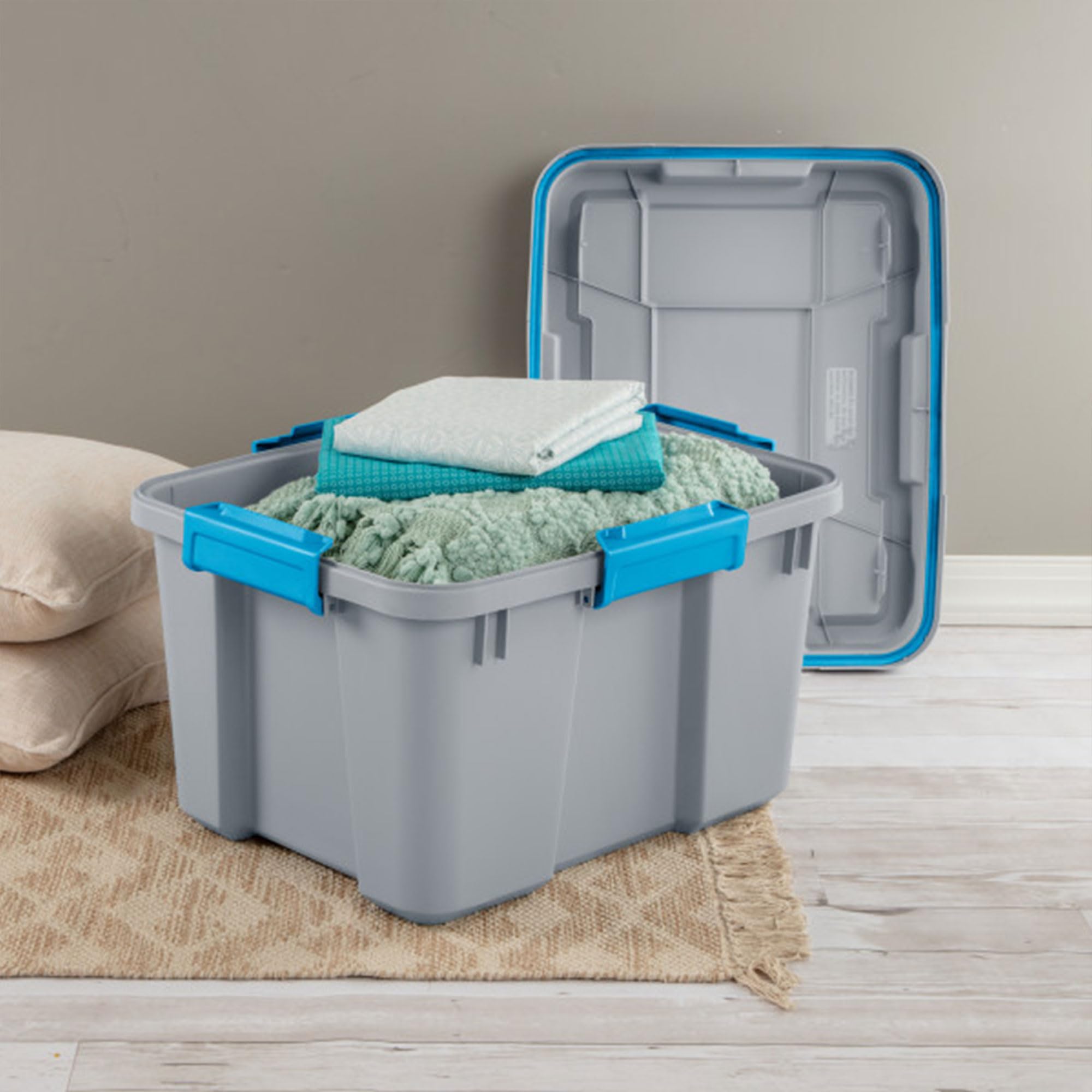 Sterilite 20 Gallon Heavy Duty Stackable Storage Bins with Latching Lids - 4 Pack Gray Plastic Containers for Organizing Basement, Garage & Closet - Perfect for Home Storage, Moving & Seasonal Items