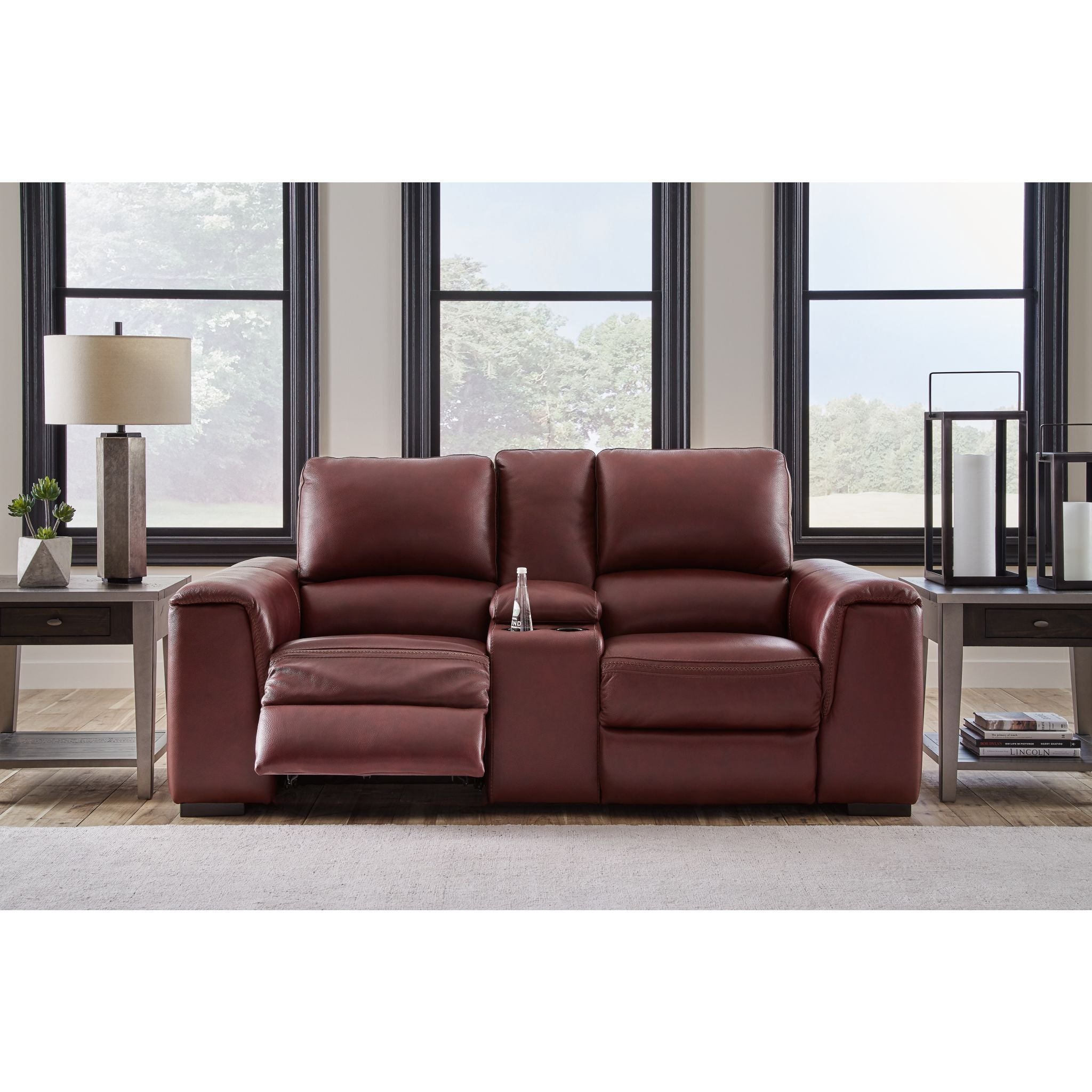 Alessandro Power Reclining Loveseat with Console in Garnet Red - Modern Leather Recliner Sofa for Living Room, Home Theater & Relaxation