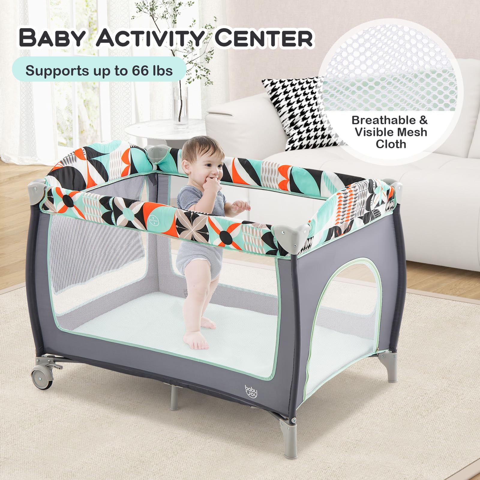 BABY JOY 4-in-1 Portable Playard with Bassinet & Changing Table | Foldable Baby Playpen with Side Zipper Door, Toy Bar & Lockable Wheels | Travel Nursery Center for Indoor, Outdoor & On-the-Go Use | Includes Carry Bag for Easy Storage & Transport