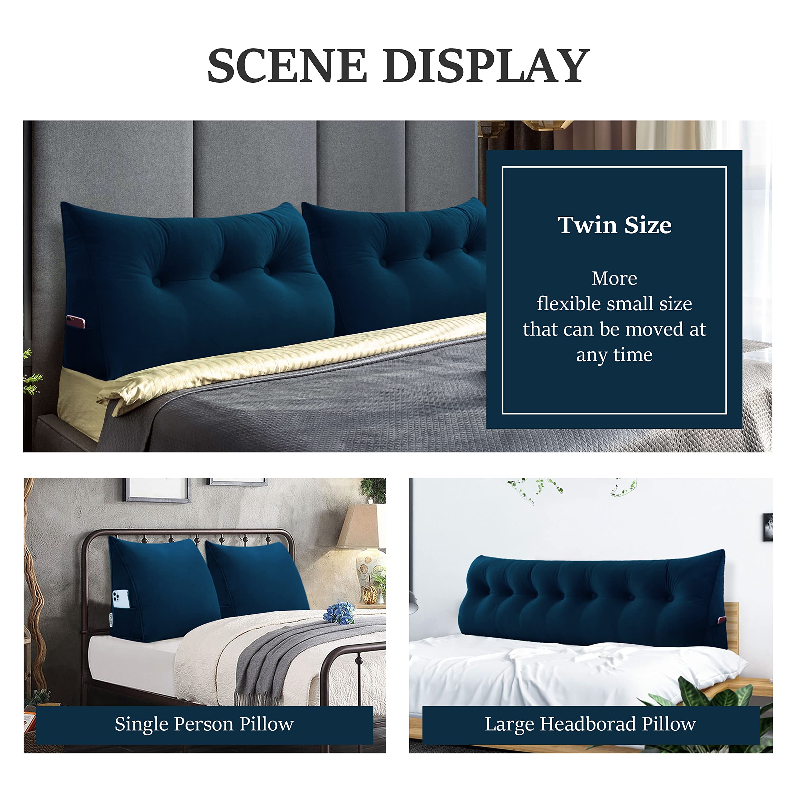 **Johnear Large Velvet Wedge Headboard Pillow - Triangular Backrest Cushion for Sitting in Bed, Lumbar Support & Reading - Dark Blue Twin Size | Perfect for Daybeds, Reading Nooks & Back Support**