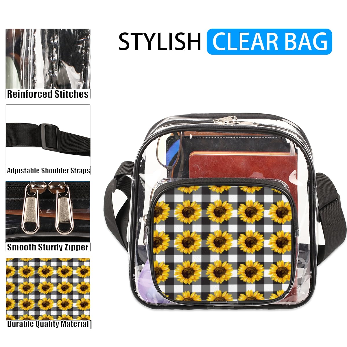 Sunflower Plaid Clear Crossbody Purse - Stadium Approved Transparent Bag for Women & Men | Perfect for Music Festivals, Sports Events & Concerts | Fashionable Yellow Floral Pattern Shoulder Bag