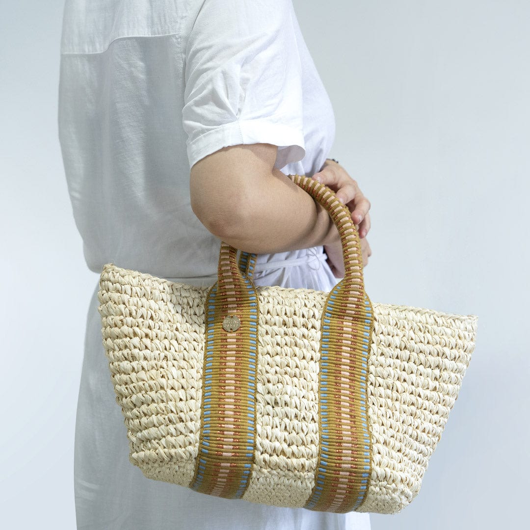 Gili Raffia Vegan Tote Bag for Women - Natural & Copper Stripe Handmade Beach Bag | Perfect for Summer, Travel, Shopping & Beach Vacations