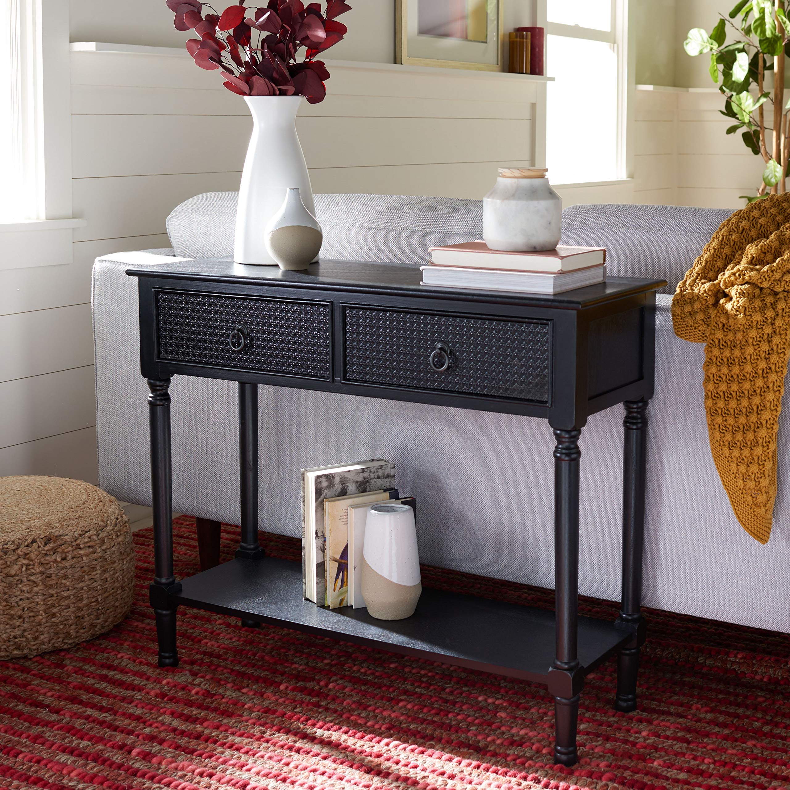 Safavieh Haines Black 2-Drawer Console Table with Bottom Shelf - Modern Entryway Sofa Table for Living Room, Hallway & Foyer Decor