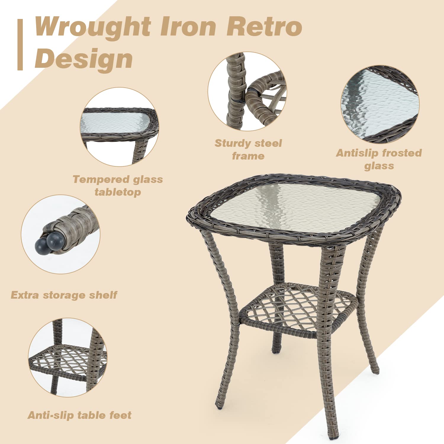 360° Swivel Rocking Patio Chairs Set of 3 with Thickened Cushions & Glass Coffee Table - Outdoor Conversation Furniture for Backyard, Garden, Poolside (Khaki) - Perfect for Relaxing, Entertaining & Enjoying Summer Days