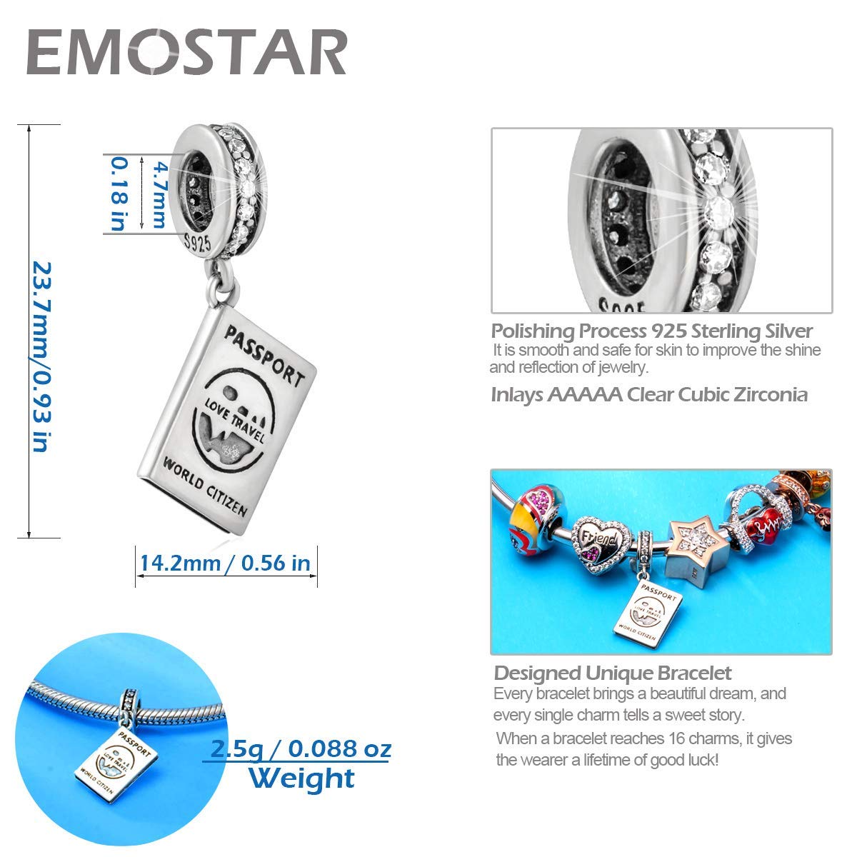 EMOSTAR 925 Sterling Silver Travel Charms Set - DIY Bracelet Charms, Passport Jewelry & Pink Peace Bus Pendants - Perfect Gift for Mother's Day, Summer & Christmas - Ideal for Travel Lovers, Vacation Accessories & Sentimental Jewelry Gifts