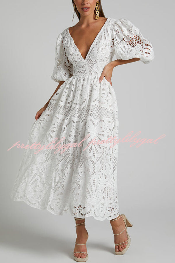 Elegant Solid Color V-Neck Lace Maxi Dress for Women - Sexy Hollow Out Waistless Long Dress for Summer, Beach, Party & Evening Wear