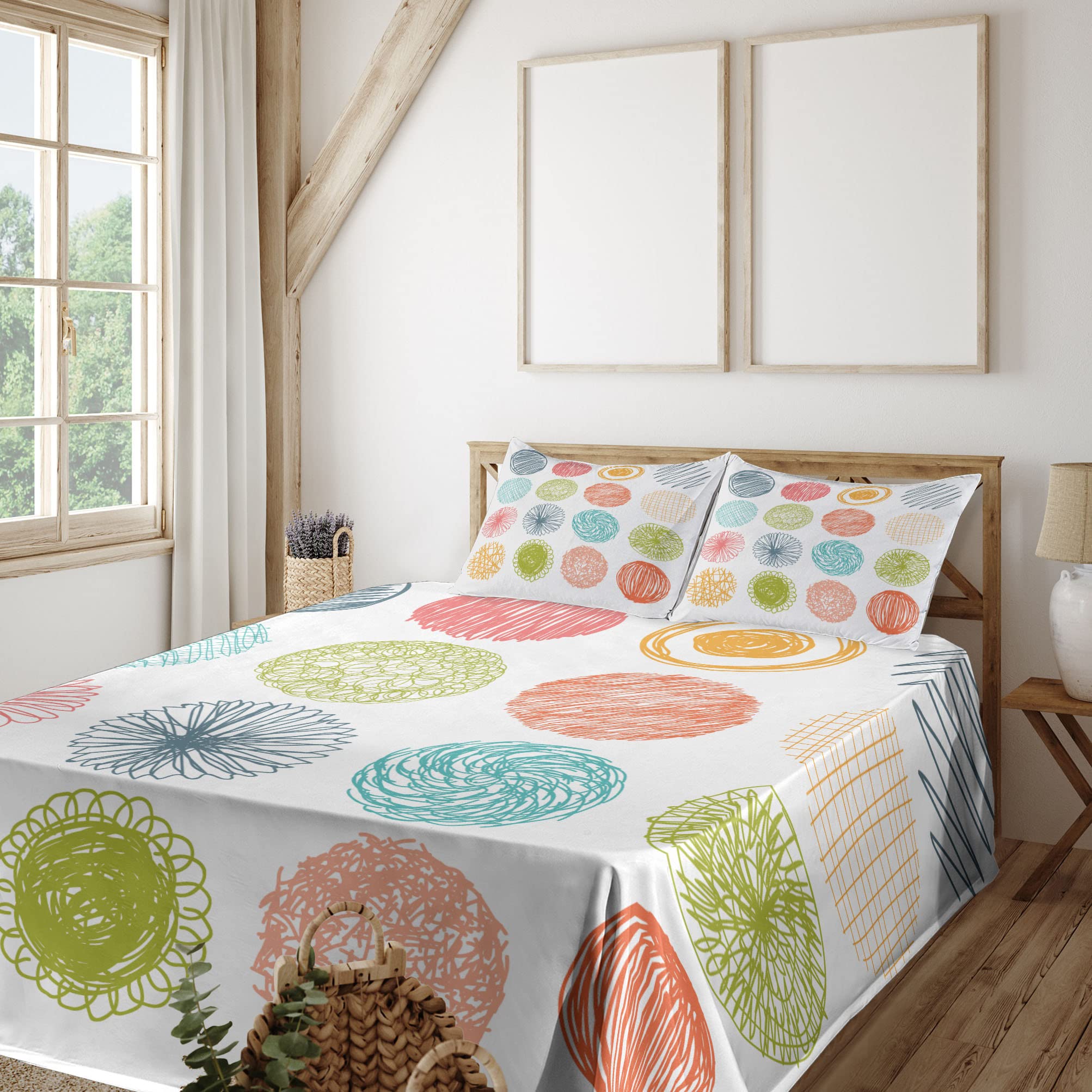 Ambesonne Colorful 4-Piece Sheet Set - Doodle Style Scribble Circles Stripes Design, King Size Orange Coral Bedding | Soft & Breathable for Comfortable Sleep | Perfect for Kids' Rooms, Guest Bedrooms & Dorm Decor