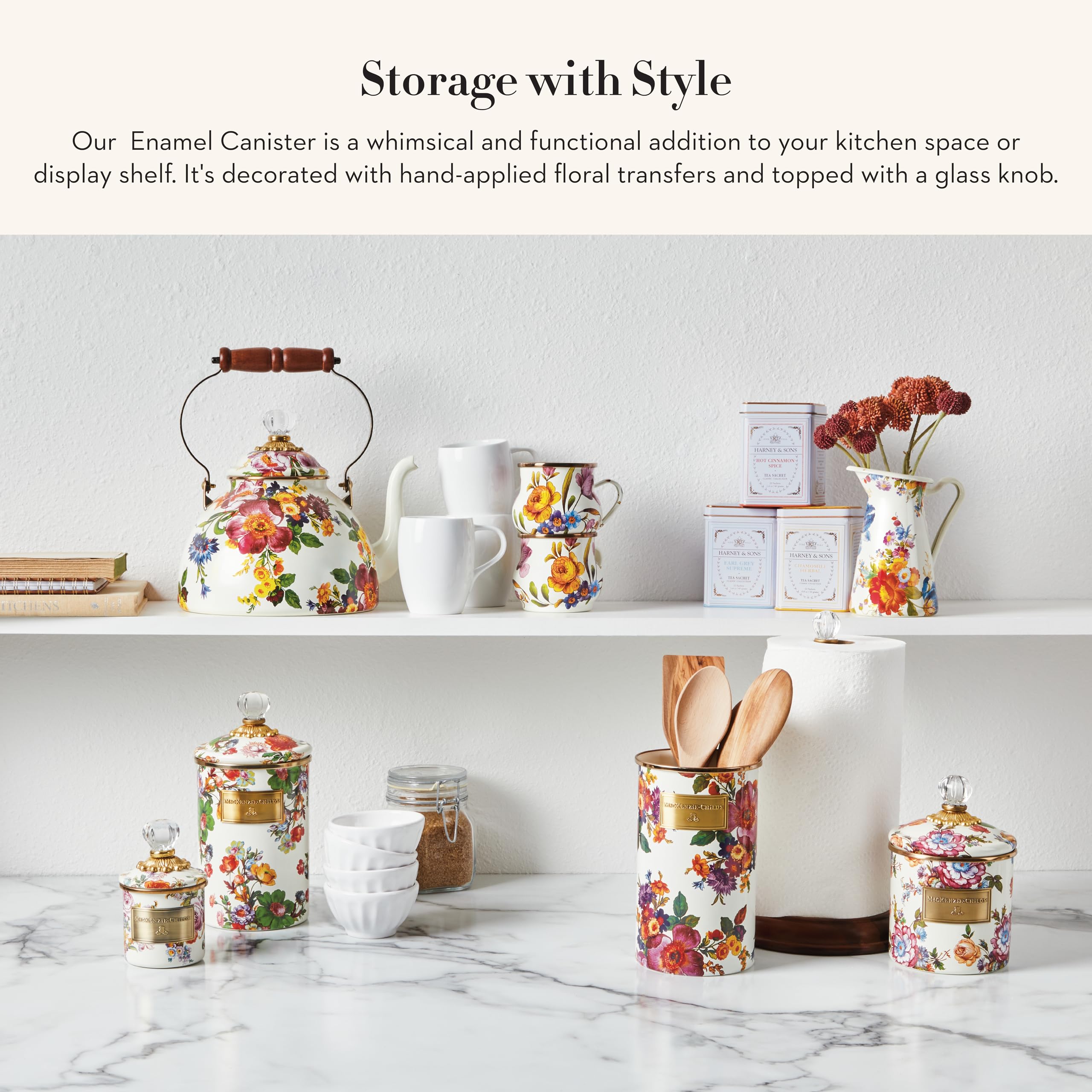 MACKENZIE-CHILDS Large Enamel Canister - 1.89L Kitchen Storage Container for Flour, Sugar & Dry Goods | Airtight White Flower Market Design | Perfect for Pantry Organization & Farmhouse Style Kitchens