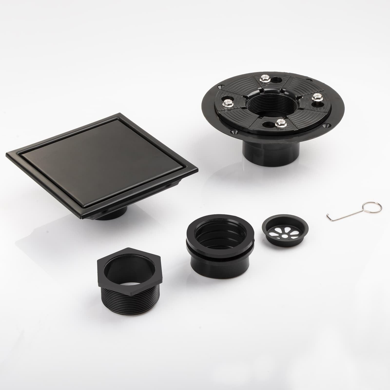 6 Inch Square Shower Drain with Flange - AISI 304 Stainless Steel Matte Black Floor Drain with 2-in-1 Tile Insert Cover & Hair Catcher - Perfect for Bathroom, Shower Stall, and Wet Room Installation