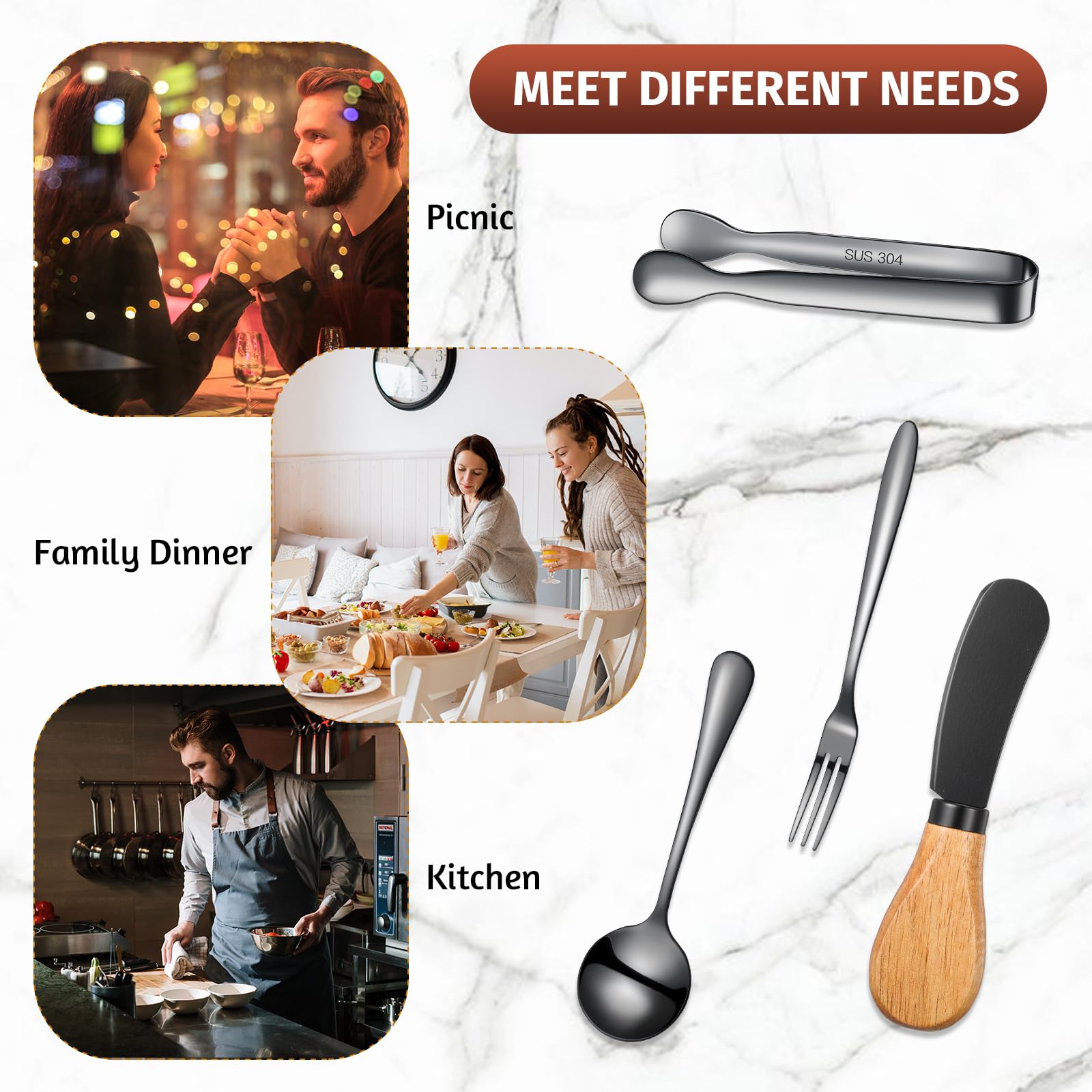Premium Stainless Steel Cheese Butter Spreader Knives Set with Wooden Handles - 14-Piece Charcuterie Board Accessories Kit Includes Mini Serving Tongs, Spoons & Forks - Perfect for Cheese Platters, Charcuterie Boards & Entertaining (Black)