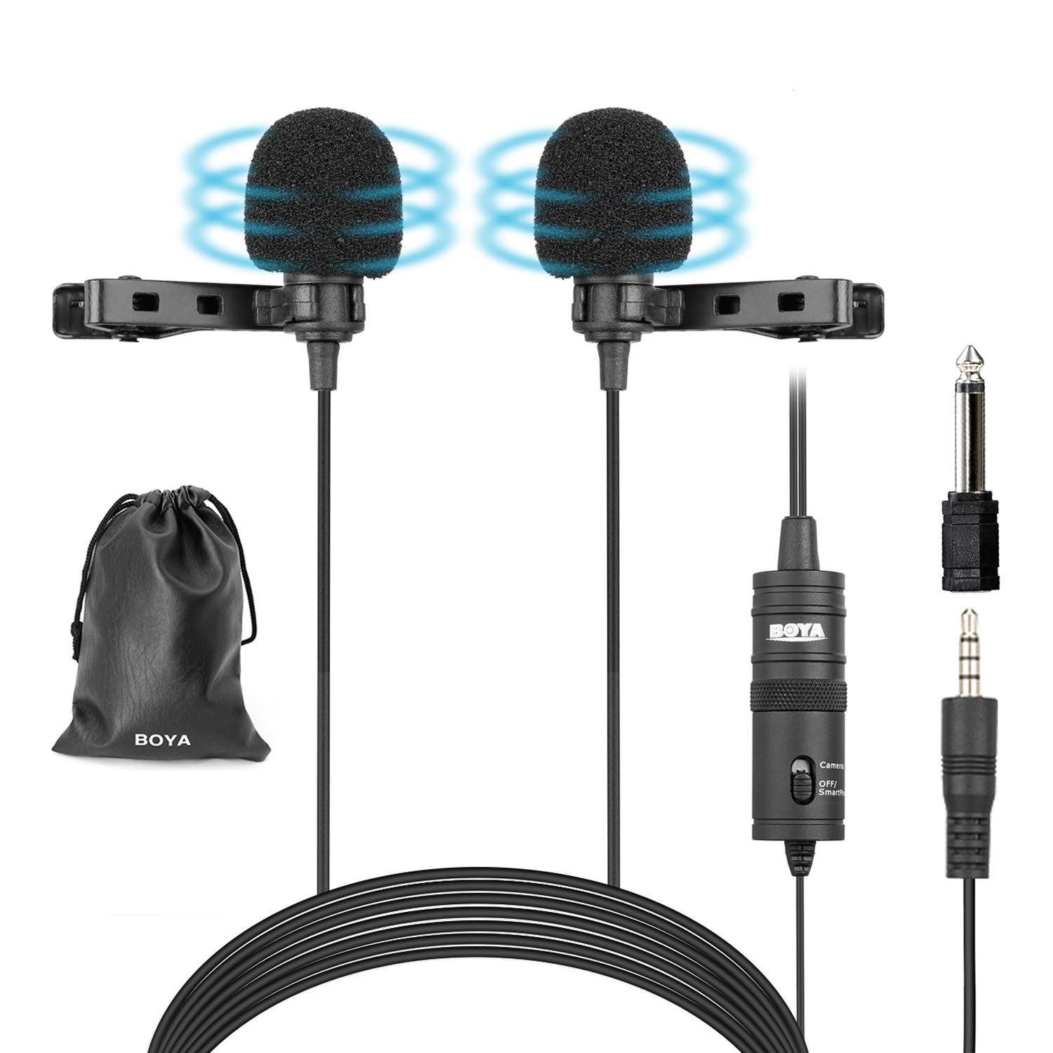 BOYA BY-M1DM Dual Lavalier Microphones - Omnidirectional Condenser Clip-on Lapel Mic for DSLR Camera, iPhone, Android Smartphone, Samsung, Huawei, Sony Laptop - Perfect for Interviews, YouTube Videos, Podcasting & Live Streaming