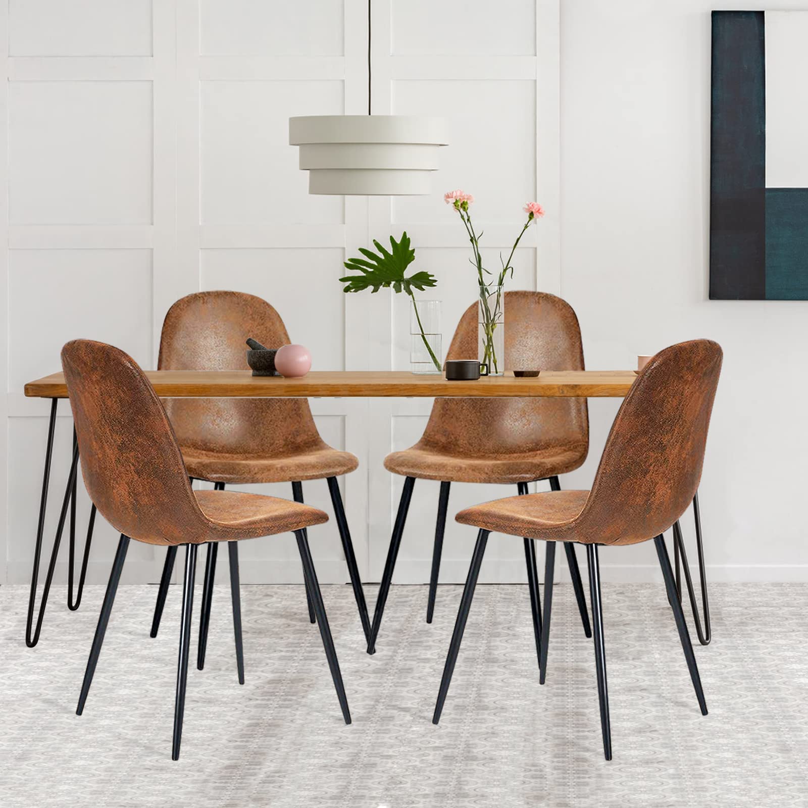 Homy Casa Mid Century Modern Dining Chairs Set of 4 - Dark Brown Upholstered Kitchen & Dining Room Chairs with Black Legs (16.9
