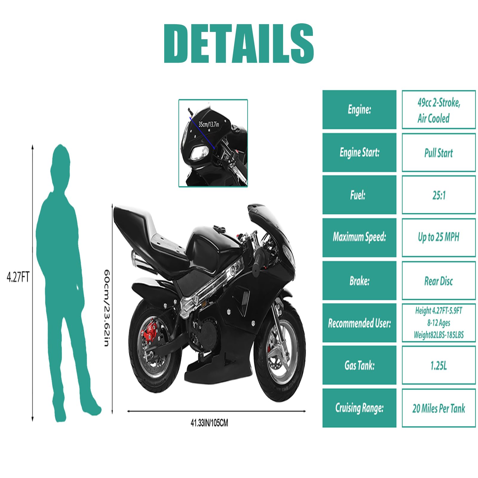 49CC 2-Stroke Mini Dirt Bike for Kids - Gas Powered Pocket Pit Trail Motorcycle, Up to 18MPH Speed, 170 LBS Weight Capacity, 21 Inch Wheels - Perfect for Backyard Riding, Off-Road Trails & Beginner Motocross Training