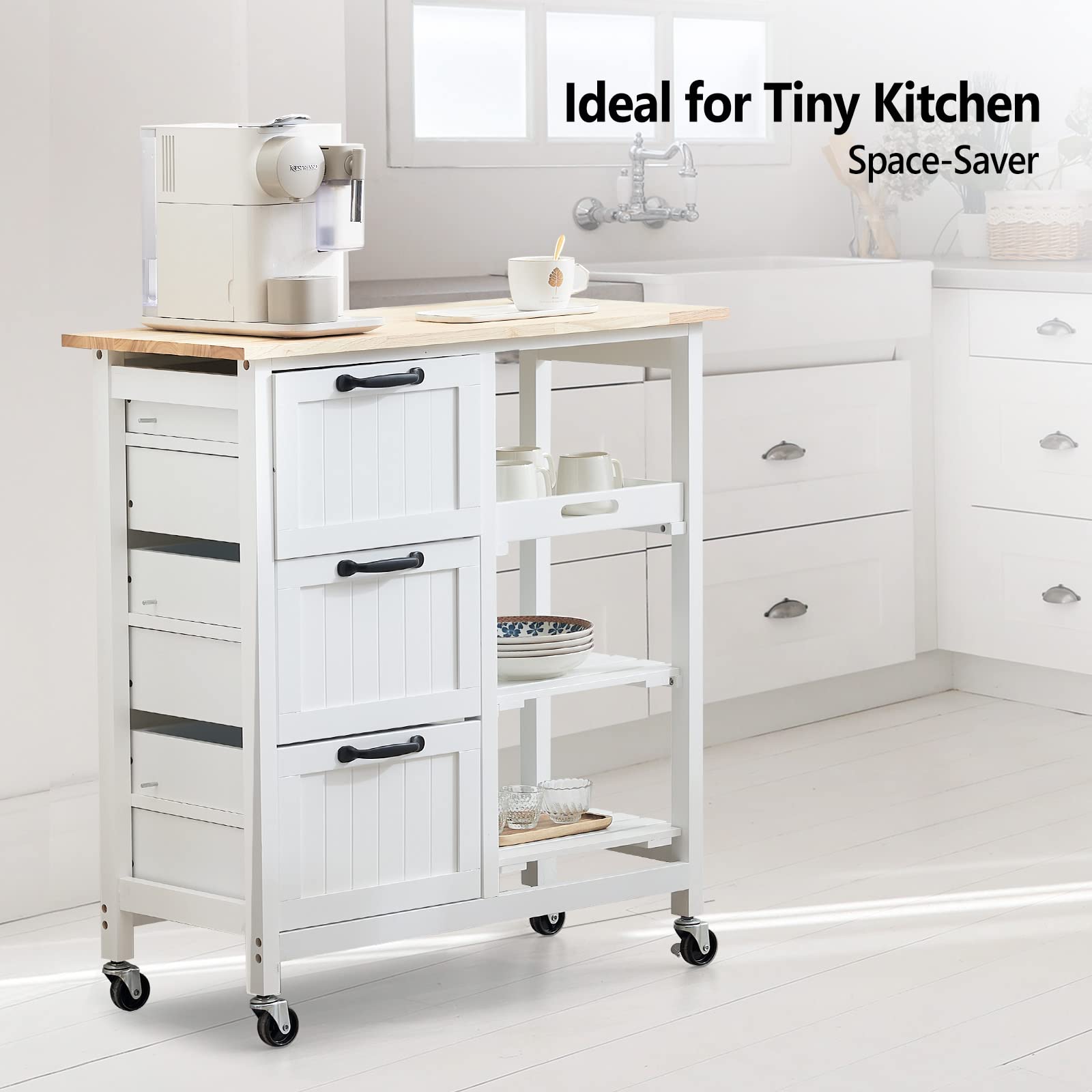 VINGLI Rolling Kitchen Island Cart with 3 Drawers & 3-Tier Storage - Natural Solid Wood Top, Mobile Microwave Trolley for Small Kitchens | Perfect for Coffee Bars, Serving Stations & Compact Kitchen Organization
