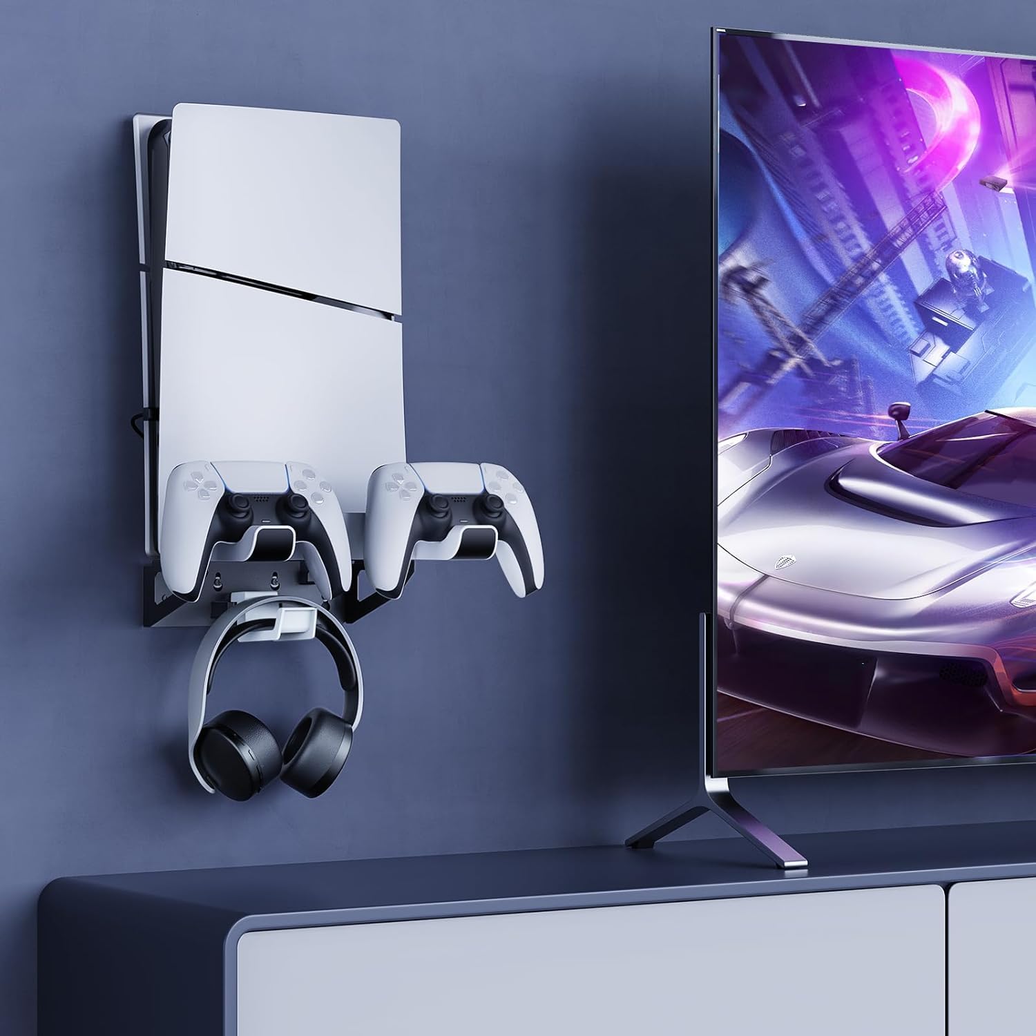 NexiGo PS5 Wall Mount Kit with Charging Station - Compatible with PS5/PS5 Slim/PS5 Pro Consoles & DualSense/Edge Controllers - Sturdy Metal Wall Stand with LED Indicator - Perfect for Gaming Setup & Space Saving Organization