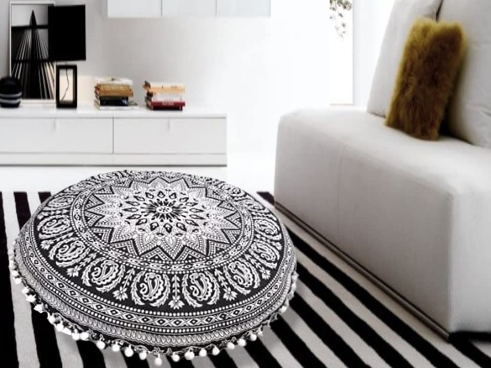Boho Mandala Round Floor Seating Cushion Cover Only - 22 Inch Meditation Pouf Pillow Case for Yoga, Ottoman & Hippie Decor (Black White, No Filler) - Perfect for Home Decor, Meditation Spaces & Bohemian Living Rooms