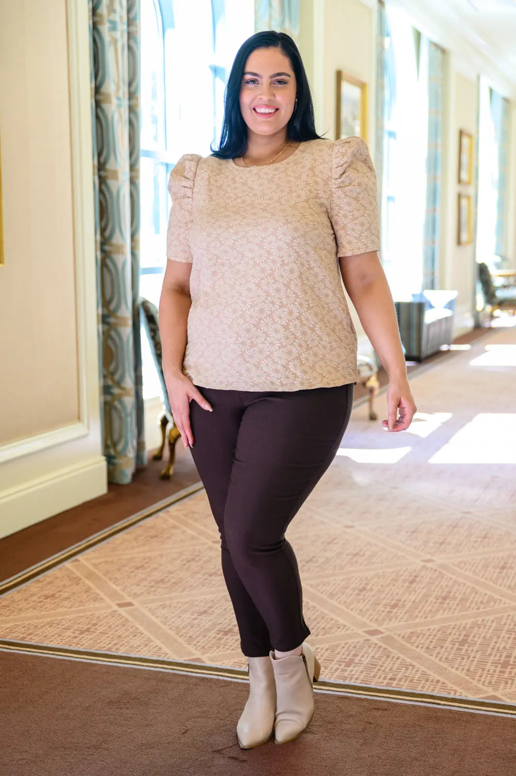 Kelsi Jacquard Puff Sleeve Blouse in Tan | Elegant Women's Fashion Top for Work, Date Night & Special Occasions