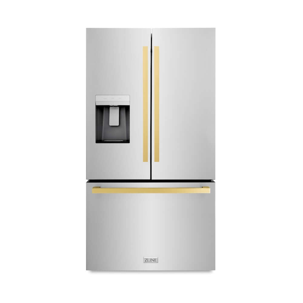 ZLINE 36 Inch French Door Refrigerator with External Water Dispenser & Dual Ice Maker - 28.9 cu.ft Capacity, Fingerprint Resistant Stainless Steel, Polished Gold Handles (RSMZ W 36 FG) - Perfect for Modern Kitchens, Entertaining & Large Family Storage