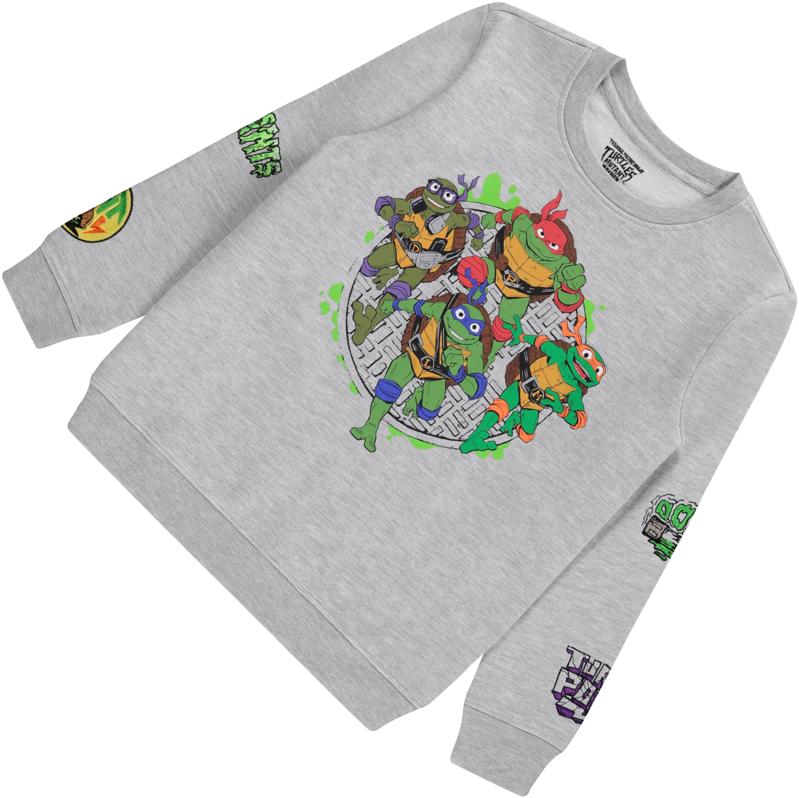 Boys' Ninja Turtles Crewneck Sweatshirt with Embroidered Leonardo, Raphael, Donatello & Michelangelo Sleeve Patches | TMNT Themed Pullover for Kids | Perfect for School, Playdates & Comic Con Events