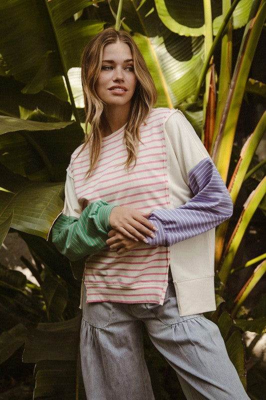 BiBi Women's Exposed Seam Slit Striped Round Neck T-Shirt | Casual Short Sleeve Tee for Everyday Wear, Date Night & Street Style Outfits