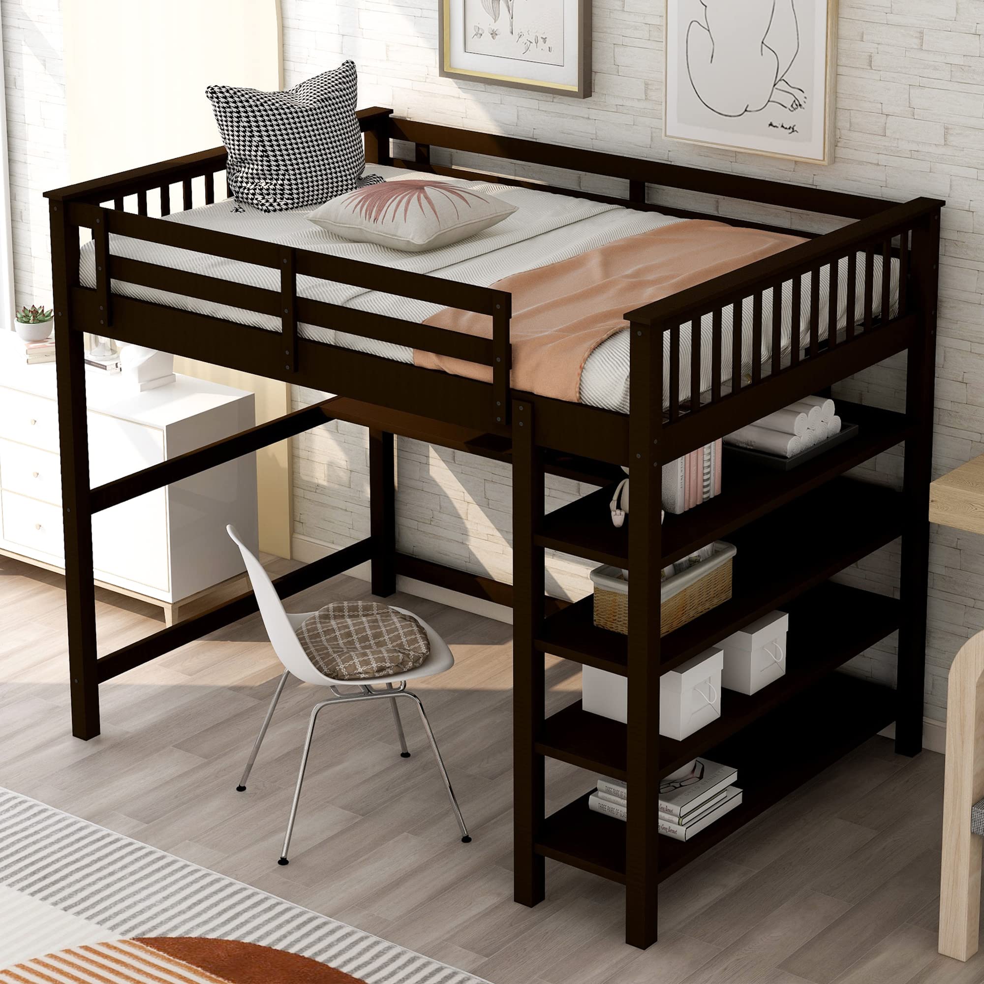 Harper & Bright Designs Full Size Loft Bed with Desk - Wooden Study Loft Bed with Built-in Storage Shelves for Teens & Adults - No Box Spring Needed - Espresso Finish - Perfect for Small Bedrooms, Dorm Rooms & Home Offices