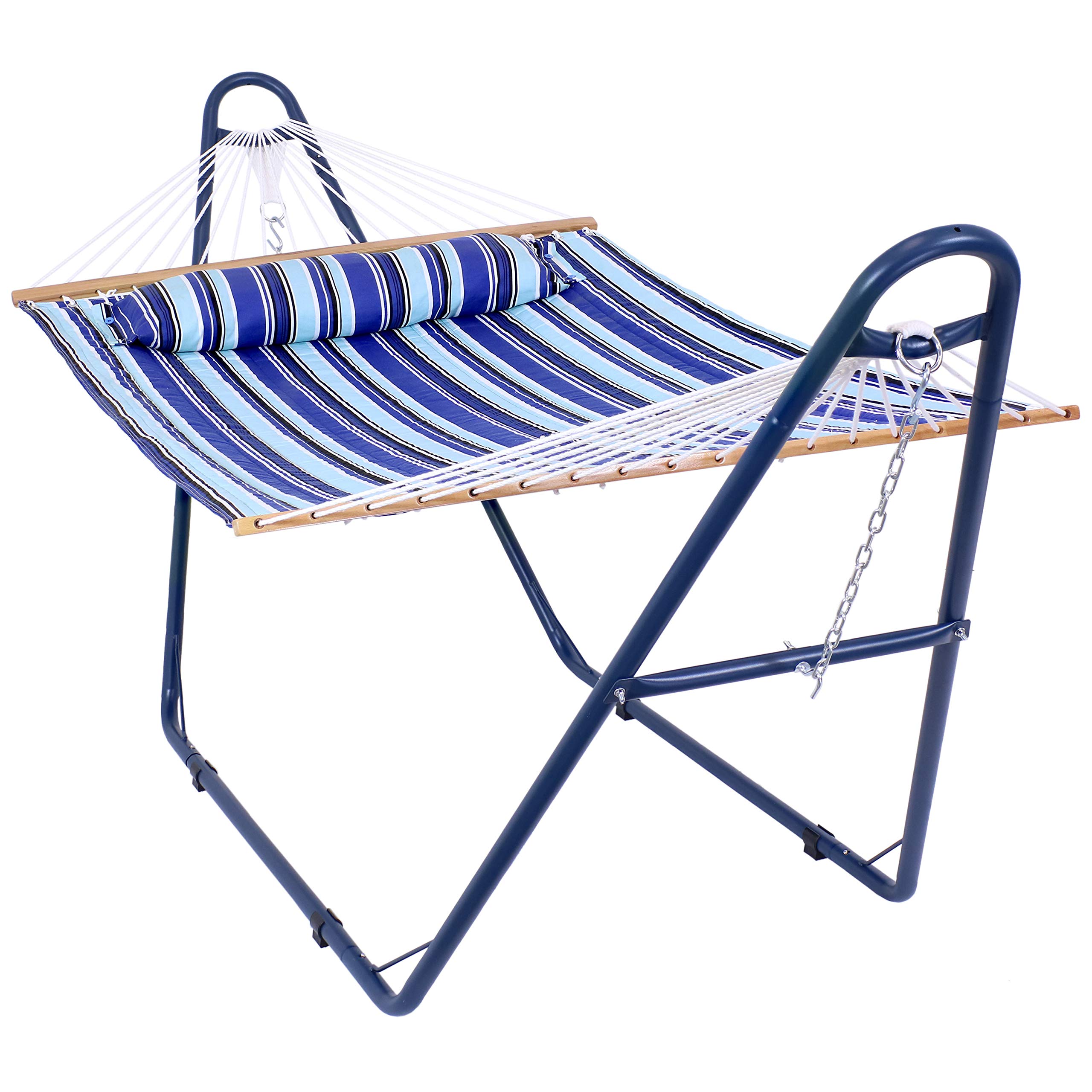 Sunnydaze Double Quilted Fabric Hammock with Universal Steel Stand - 450 lb Weight Capacity - Blue Stand - Catalina Beach Pattern - Perfect for Backyard, Patio, Poolside & Beach Relaxation