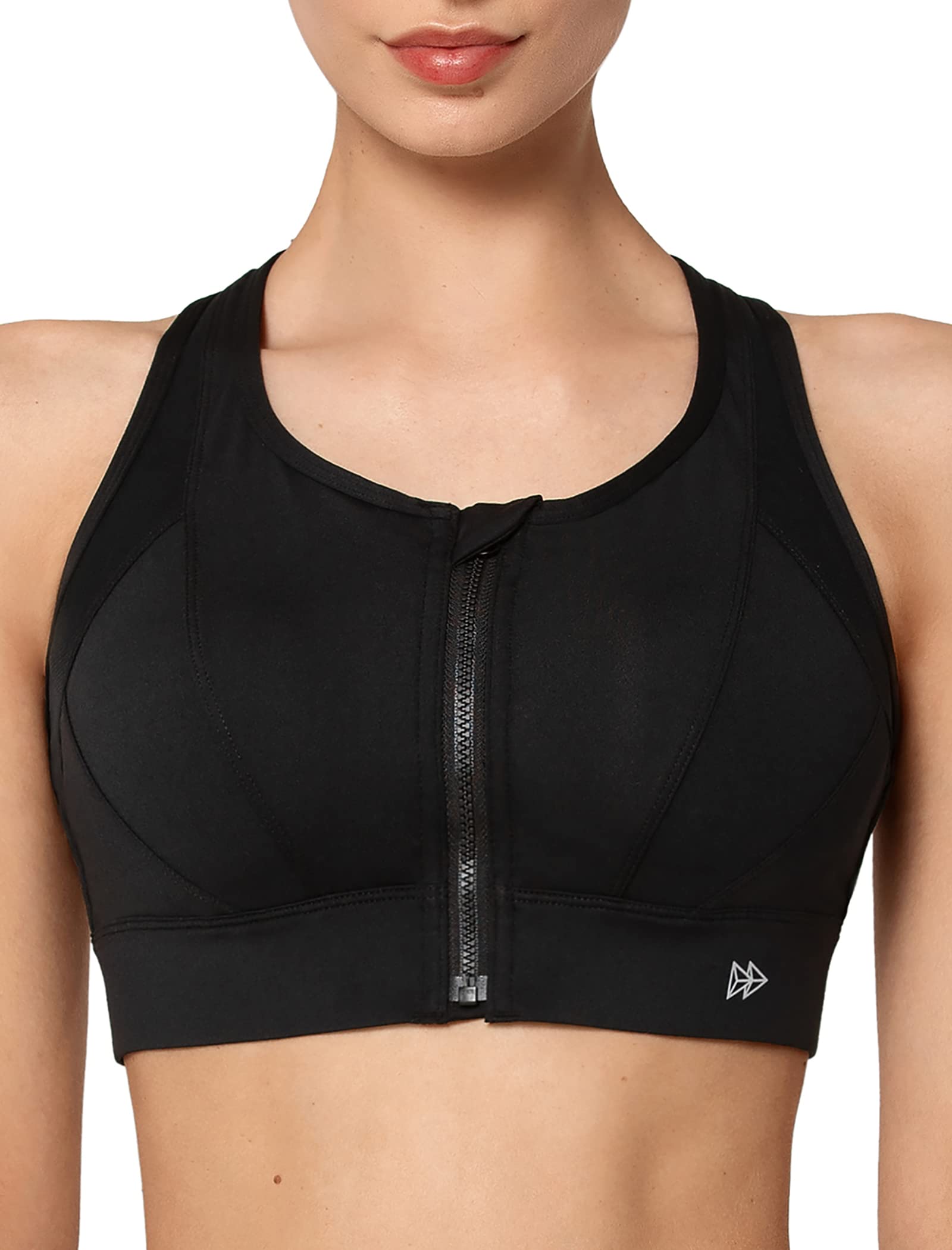 Yvette High Impact Zip Front Sports Bra - Mesh Racerback Workout Bra for Women with Large Breasts - High Support for Running, Gym & High-Intensity Training
