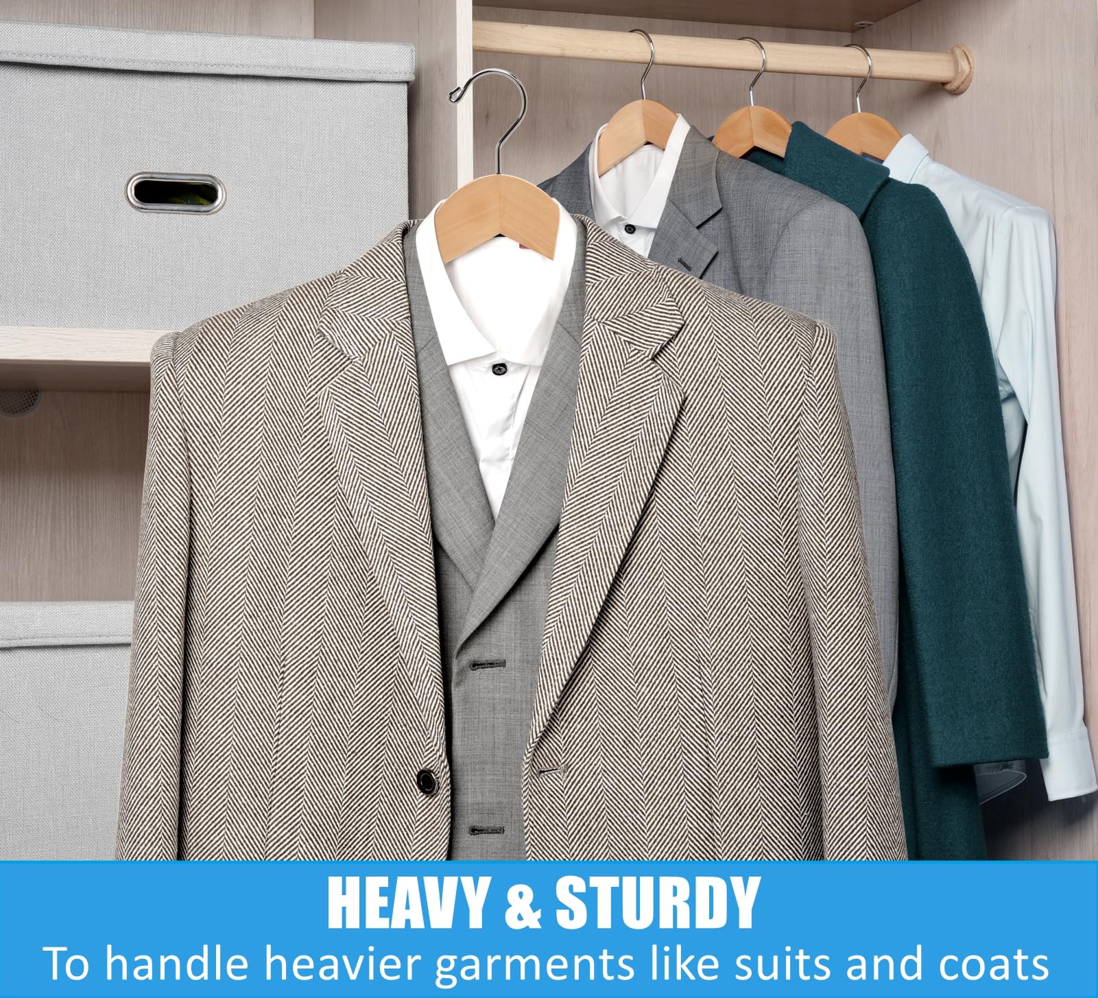Premium 6-Pack Solid Wood Wide Shoulder Suit Hangers with Non-Slip Pants Bar - Natural Finish for Jackets, Sweaters & Heavy Clothes - Perfect for Closet Organization & Luxury Wardrobe Storage