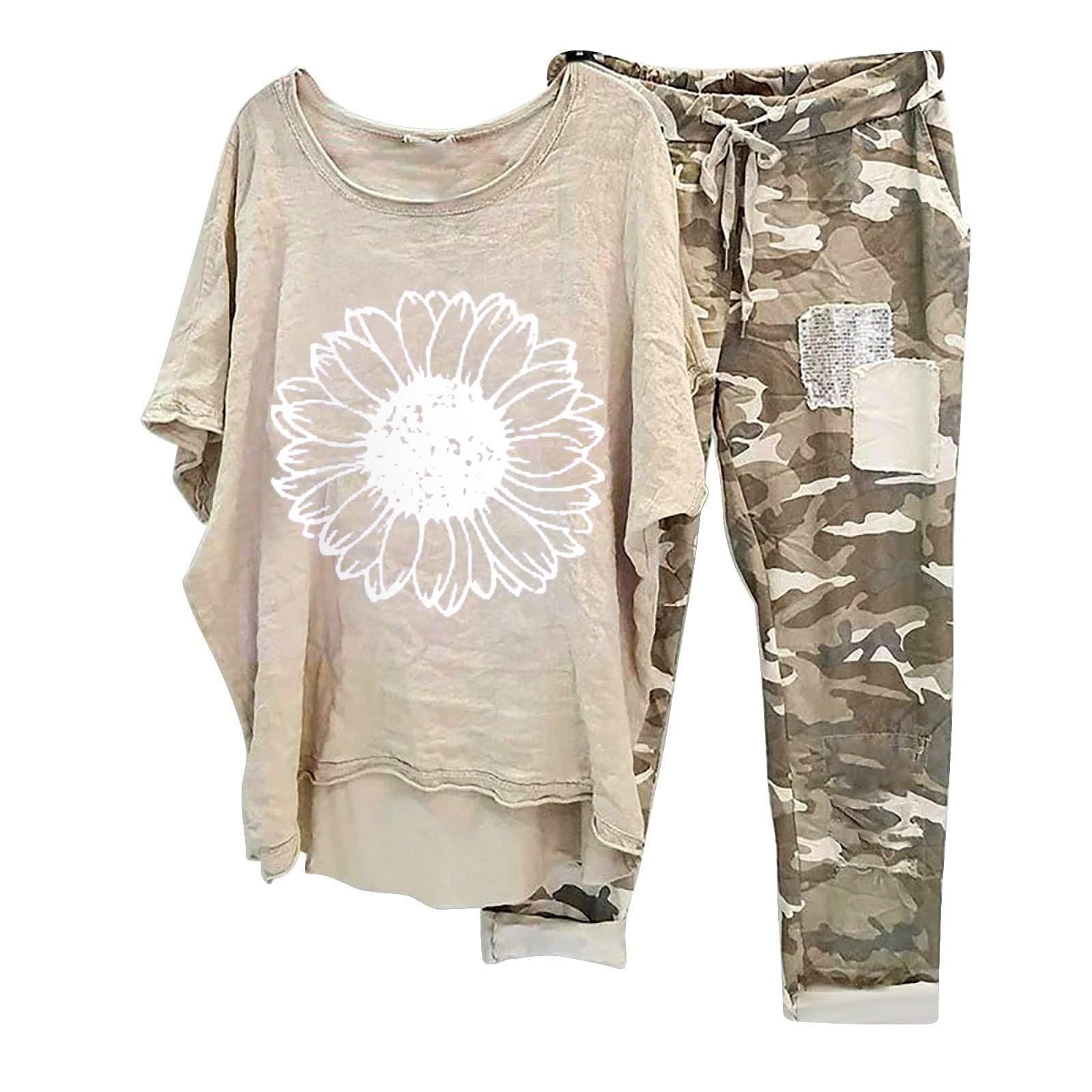 Women's 2-Piece Linen Lounge Set - Oversized Short Sleeve Shirt & Camo Capri Pants | Breathable Summer Outfits for Casual Wear, Beach Vacation & Home Relaxation