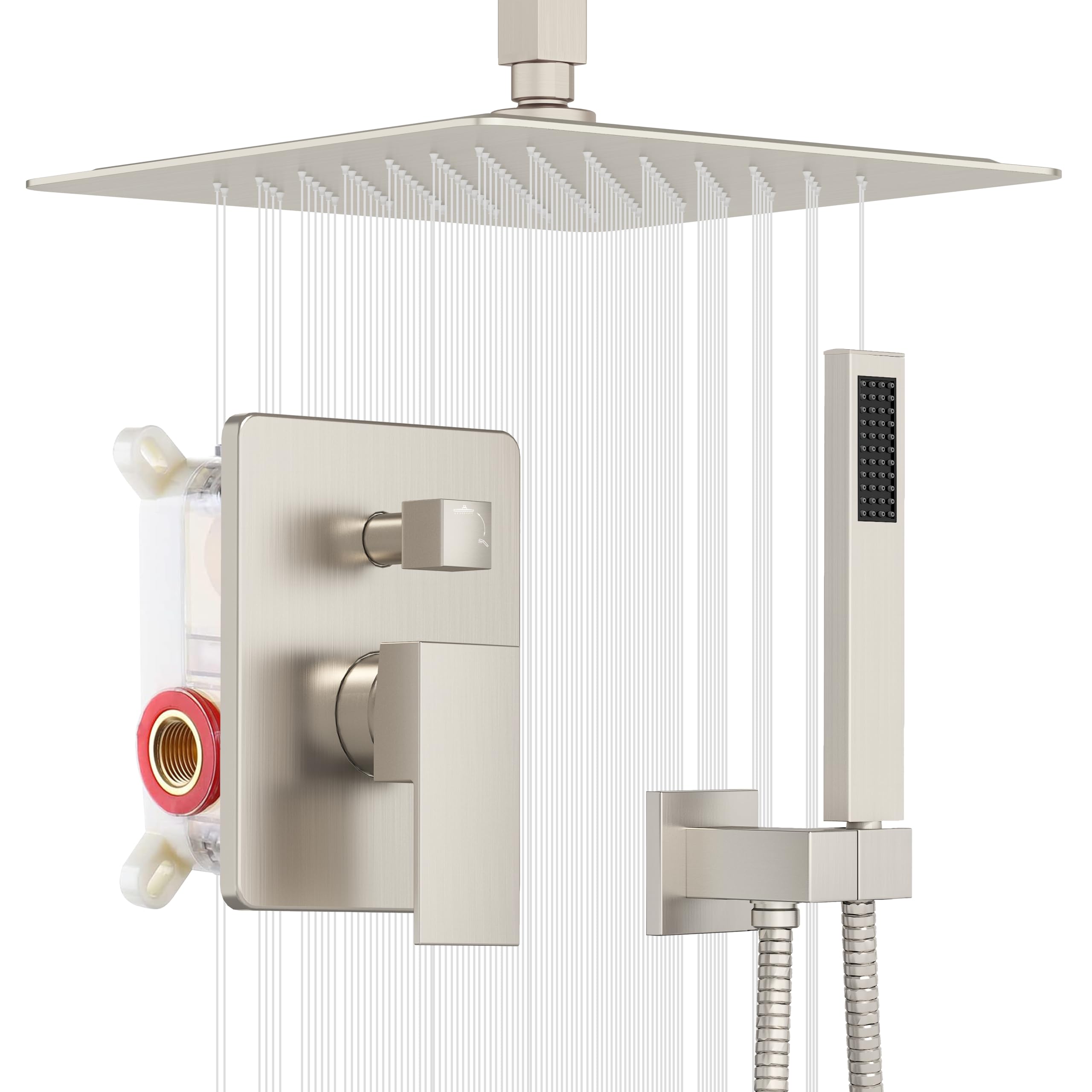 ESNBIA 10 Inch Rain Shower Head and Handheld Combo Set - Brushed Nickel Ceiling Mounted High Pressure Dual Shower System with Valve and Trim - Perfect for Spa-Like Bathroom Experience and Luxurious Rainfall Shower