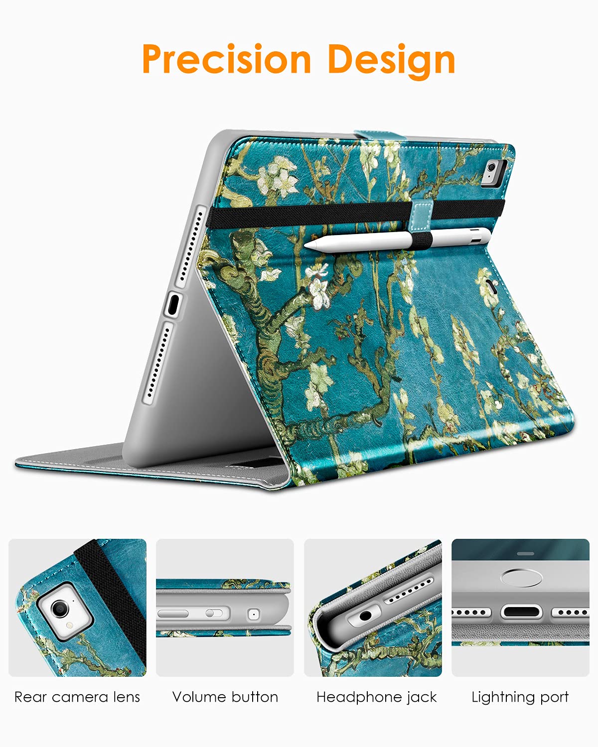 Premium Leather Folio Stand Cover Case with Apple Pencil Holder for iPad 9.7 Inch 5th/6th Gen (2018/2017) & iPad Pro 9.7/Air 2/Air - Blossom - Perfect for Work, Study & Travel Protection