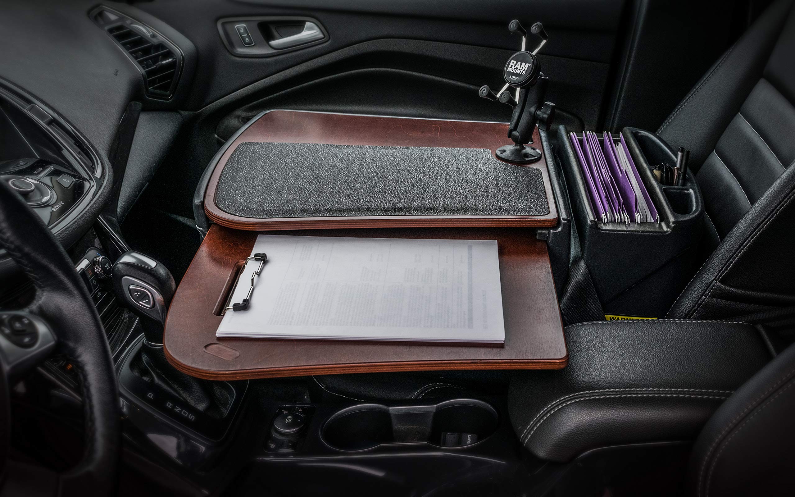 AutoExec AUE10053 GripMaster Car Desk with Phone Mount - Mahogany Finish Wooden Laptop Tray for Work & Dining in Vehicle | Perfect for Road Trips, Business Travel & Commuting