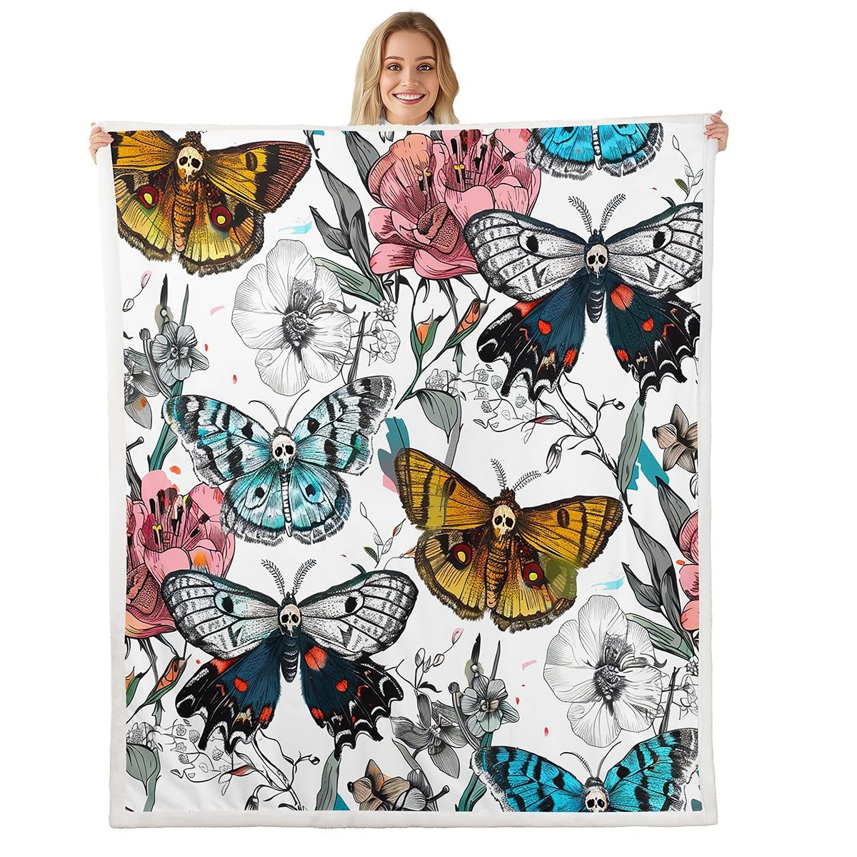 Gothic Death Moth Plush Blanket with Skull & Floral Design - Soft Sherpa Fleece Throw Blanket 60x80 Inches for Bed, Couch, Sofa - Perfect for Halloween Decor, Gothic Room Aesthetic & Cozy Winter Nights