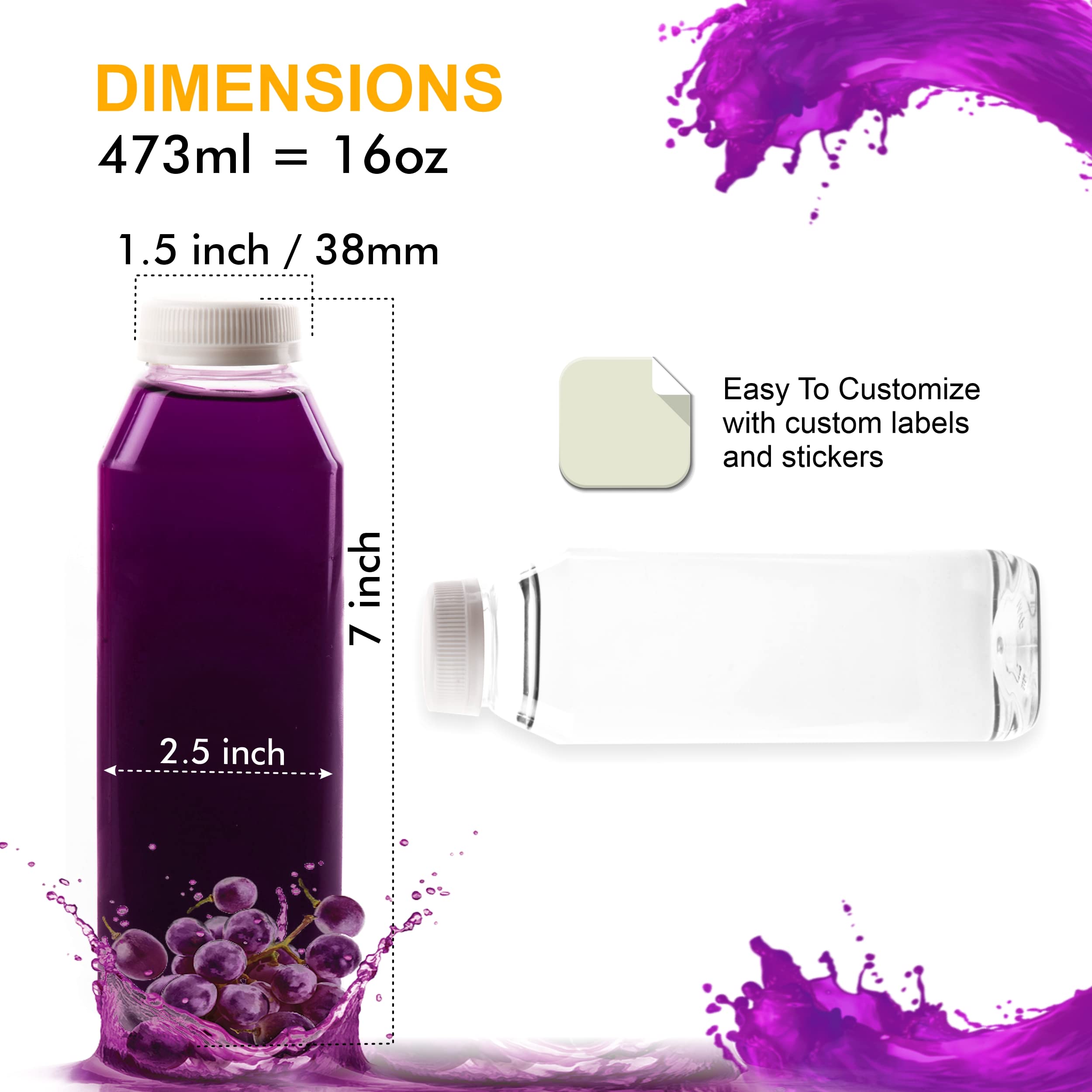 [160 Pack] 16oz Clear Plastic Juice Bottles with Tamper Evident Caps - BPA-Free Smoothie & Drink Containers for Juices, Milk, Meal Prep, Picnics & Party Favors - EcoQuality Reusable Food Storage Bottles for Home, Cafe & Commercial Use