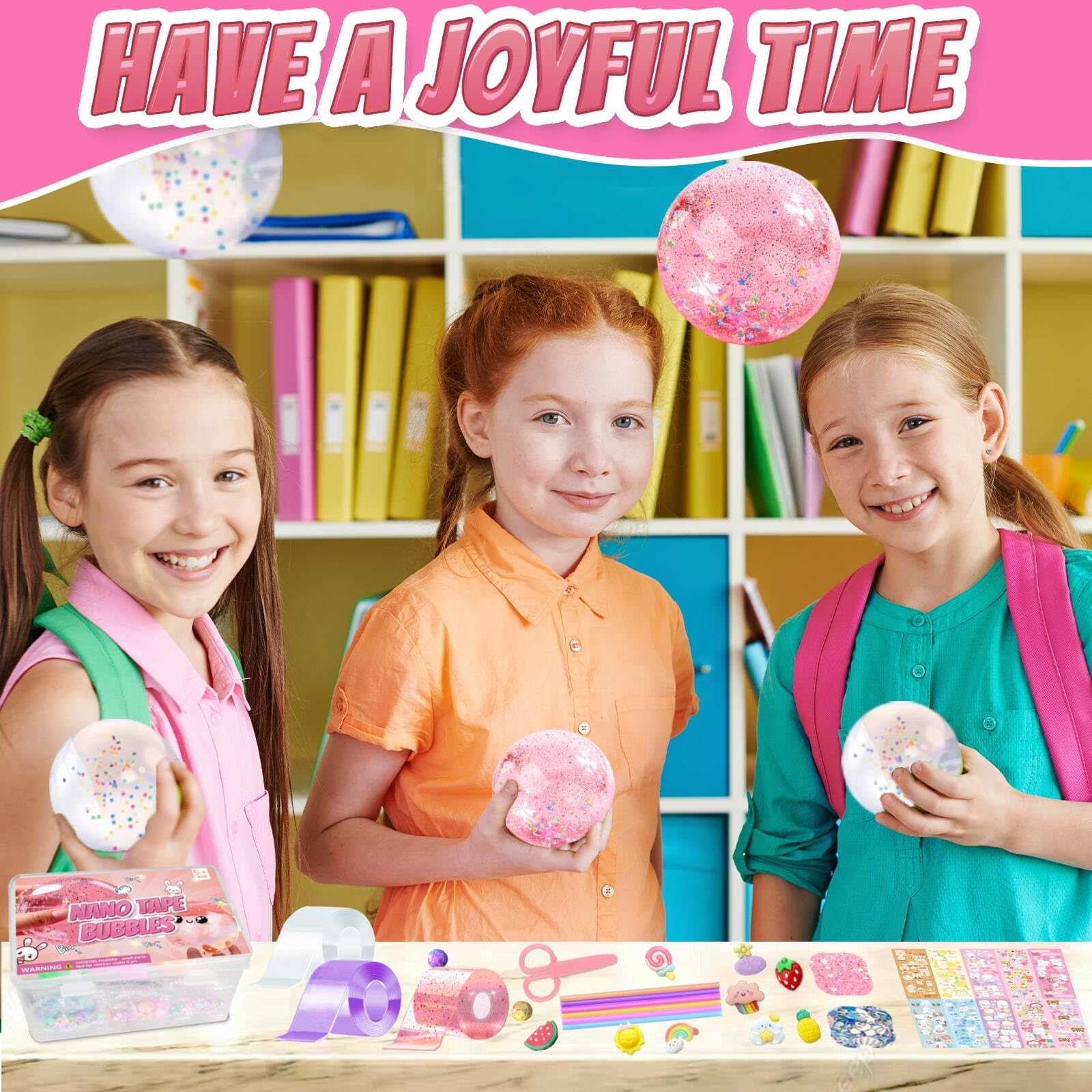 Jimcii Pink Nano Tape Bubble Kit for Kids - DIY Squishy Maker Making Kit with Storage Box - Fun Sensory Toy for Stress Relief & Creative Play - Perfect for Birthday Gifts, Party Favors & Classroom Activities