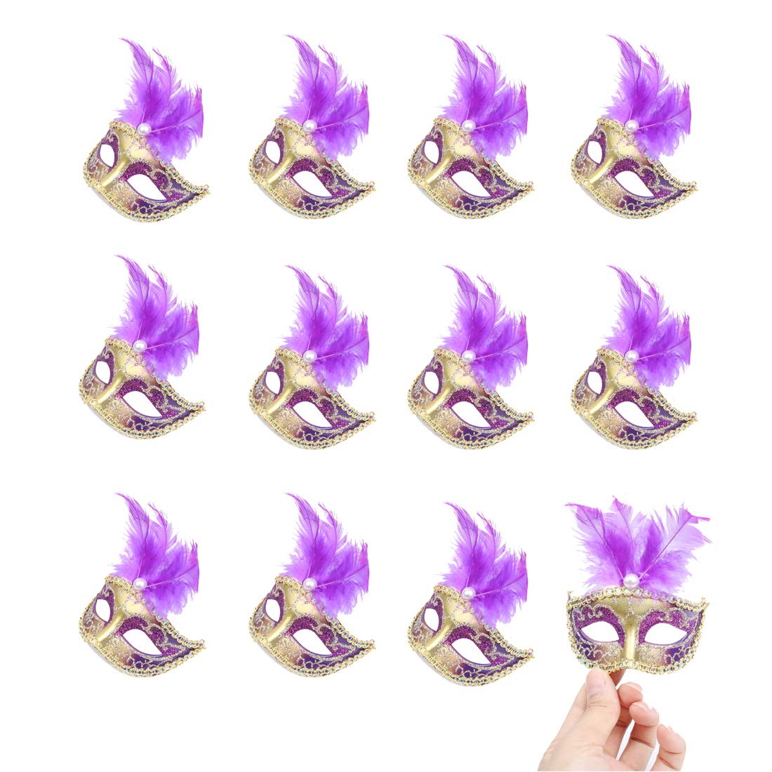 24-Piece Luxury Feather Masquerade Mask Set - Venetian Style Mardi Gras Party Decorations & Favors (Purple) - Perfect for Halloween, Carnival, Costume Parties & Wedding Receptions